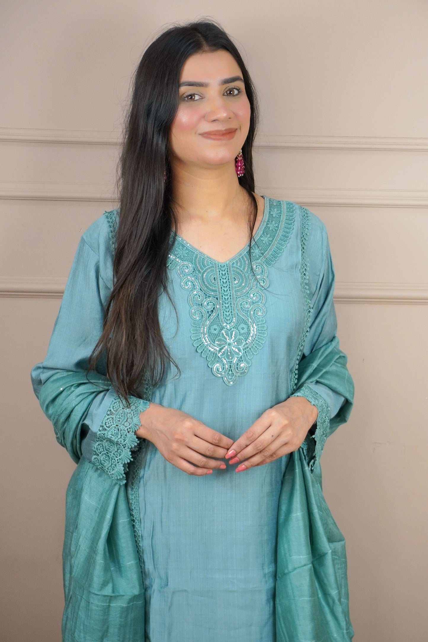 Mint Green Colour Lace Work Pakistani Kurta Set with Pant & Dupatta