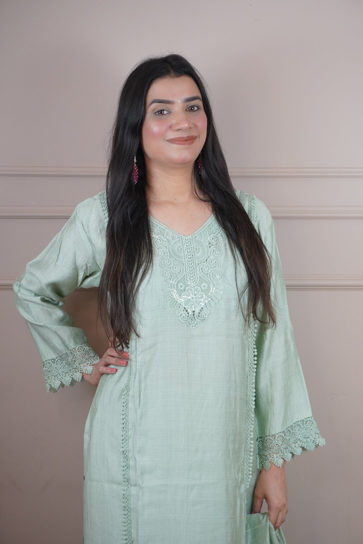 Pista Green Colour Lace Work Pakistani Kurta Set with Pant & Dupatta