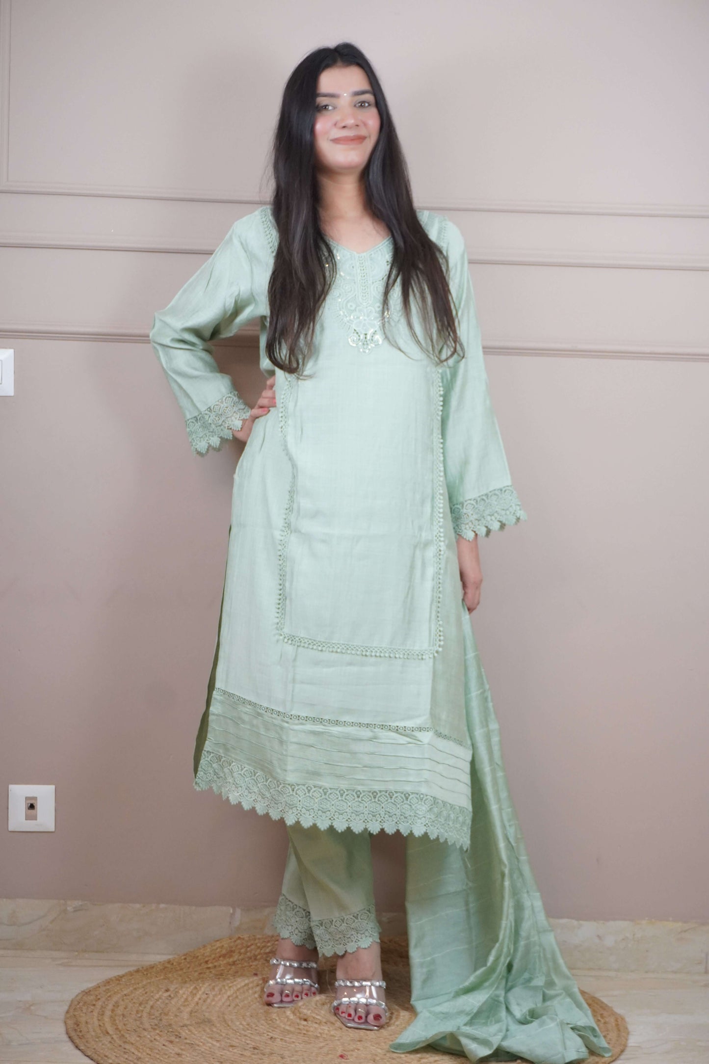 Pista Green Colour Lace Work Pakistani Kurta Set with Pant & Dupatta