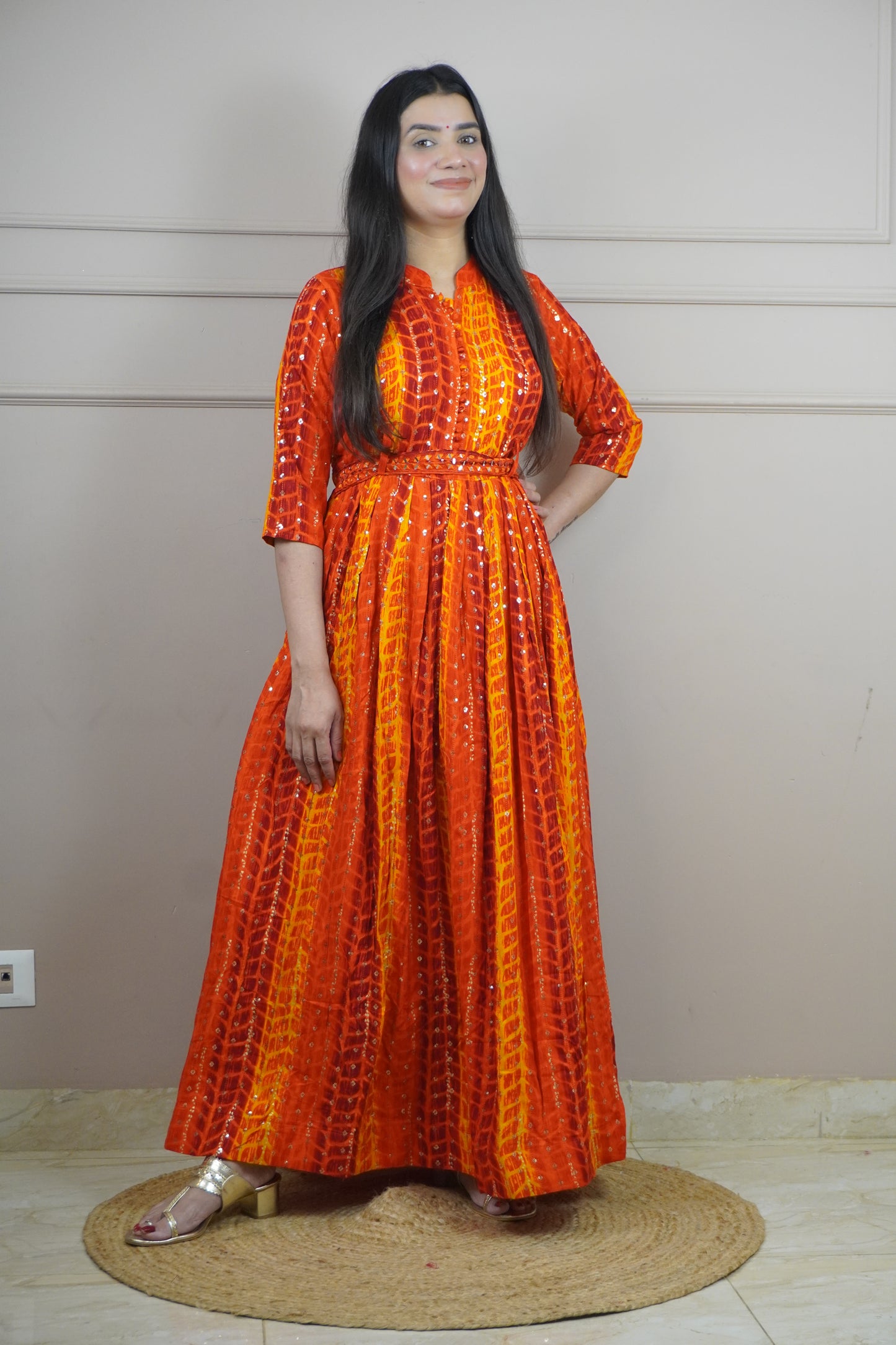 Orange Colour Tie and Dye Pattern Gown with Belt