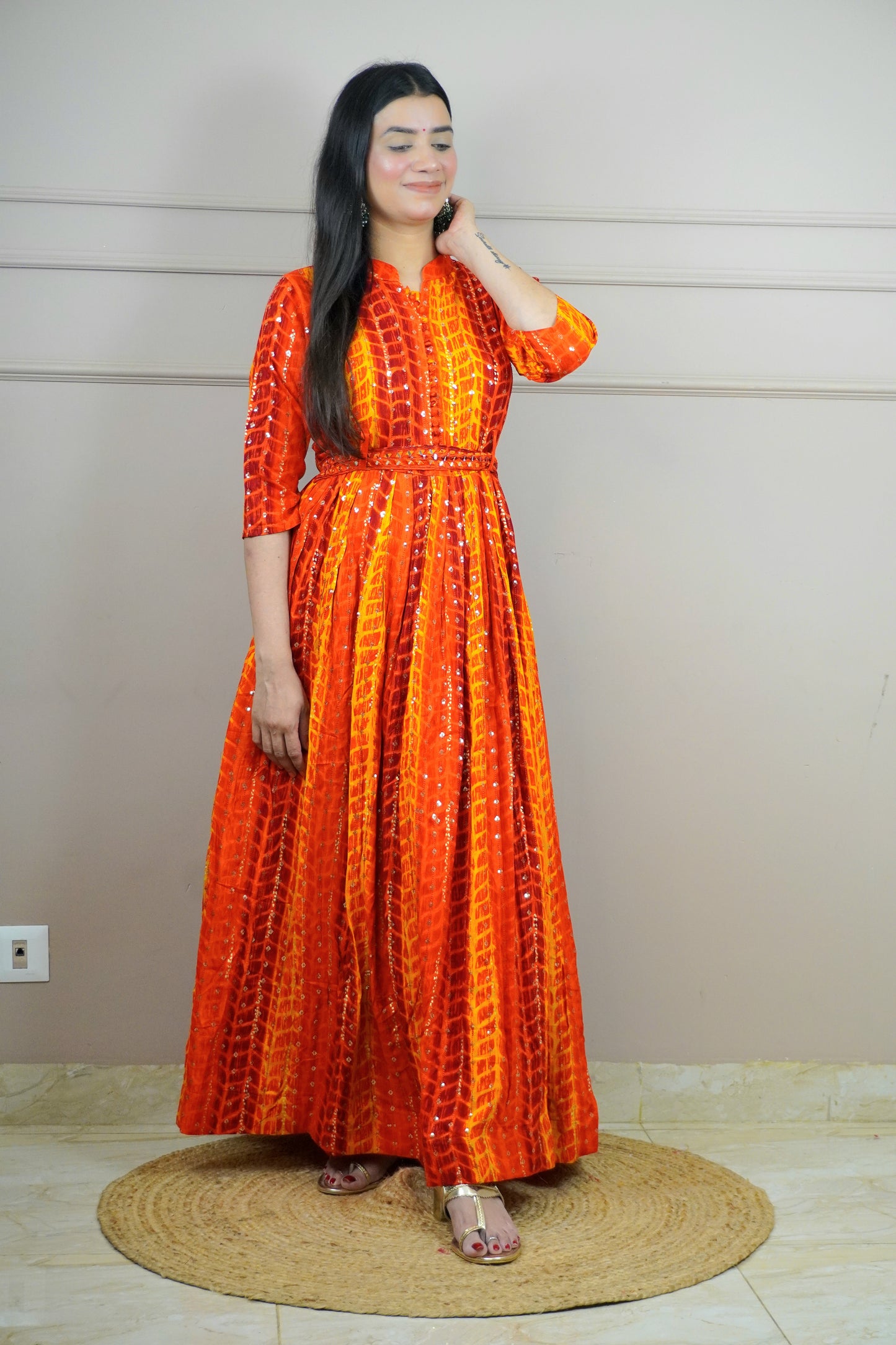 Orange Colour Tie and Dye Pattern Gown with Belt