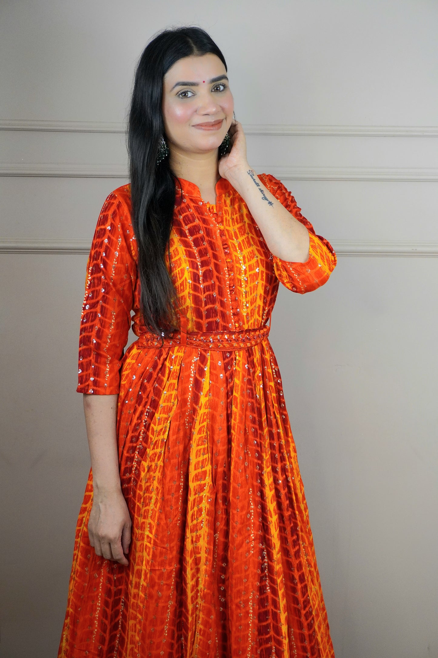 Orange Colour Tie and Dye Pattern Gown with Belt