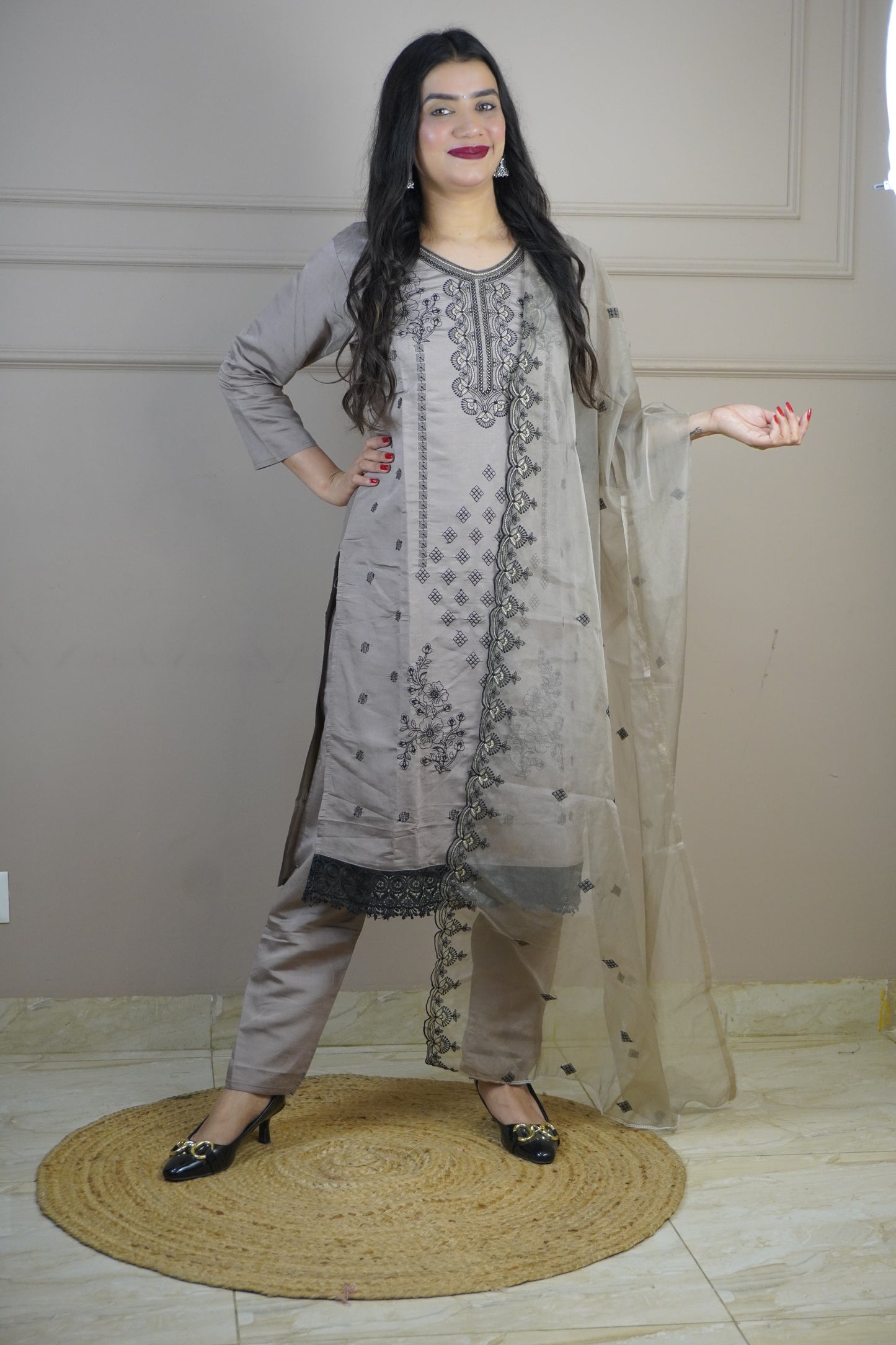 Coffee Colour Thread & Lace Work Straight Kurta Set with Pant & Dupatta