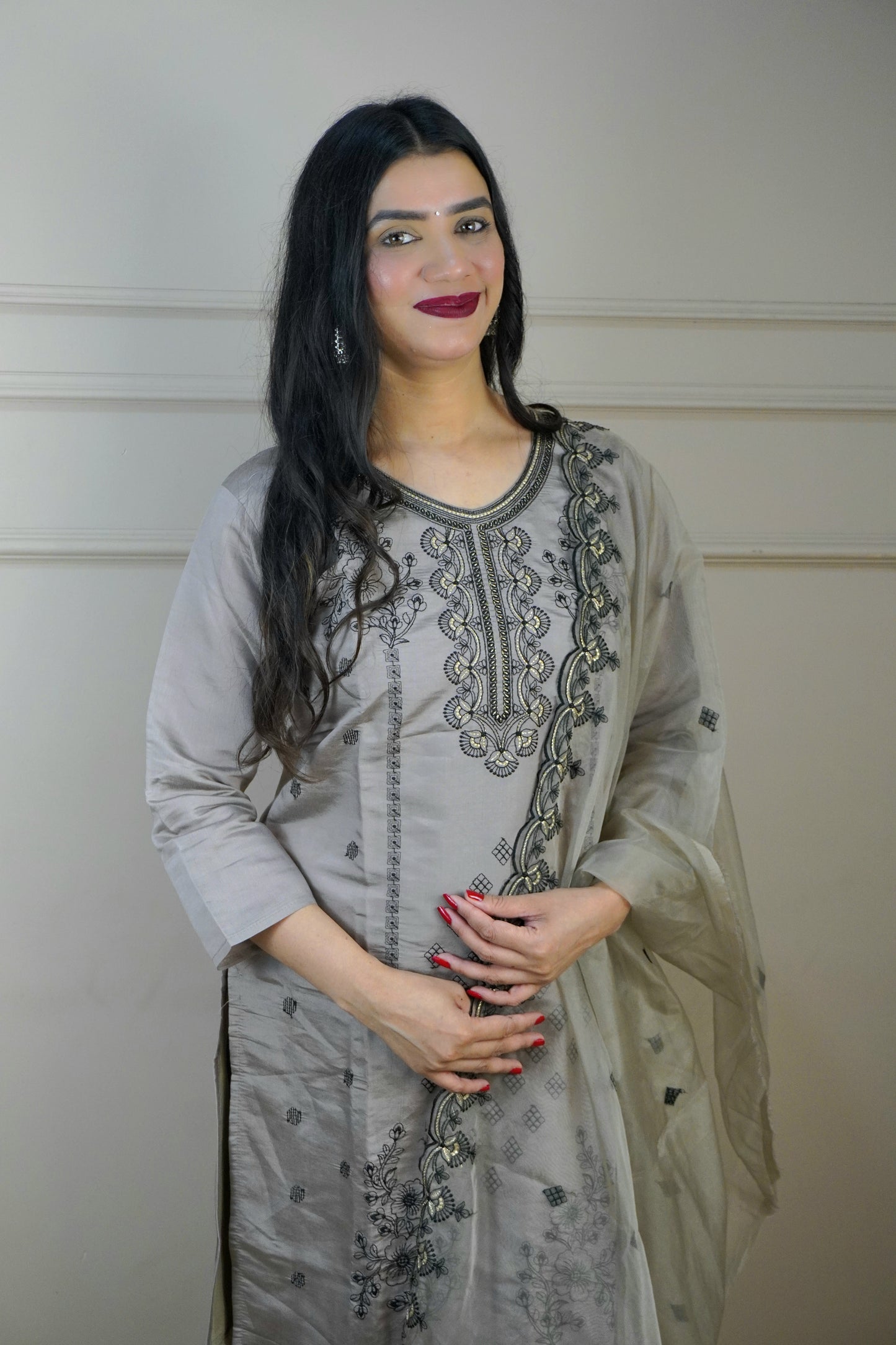 Coffee Colour Thread & Lace Work Straight Kurta Set with Pant & Dupatta