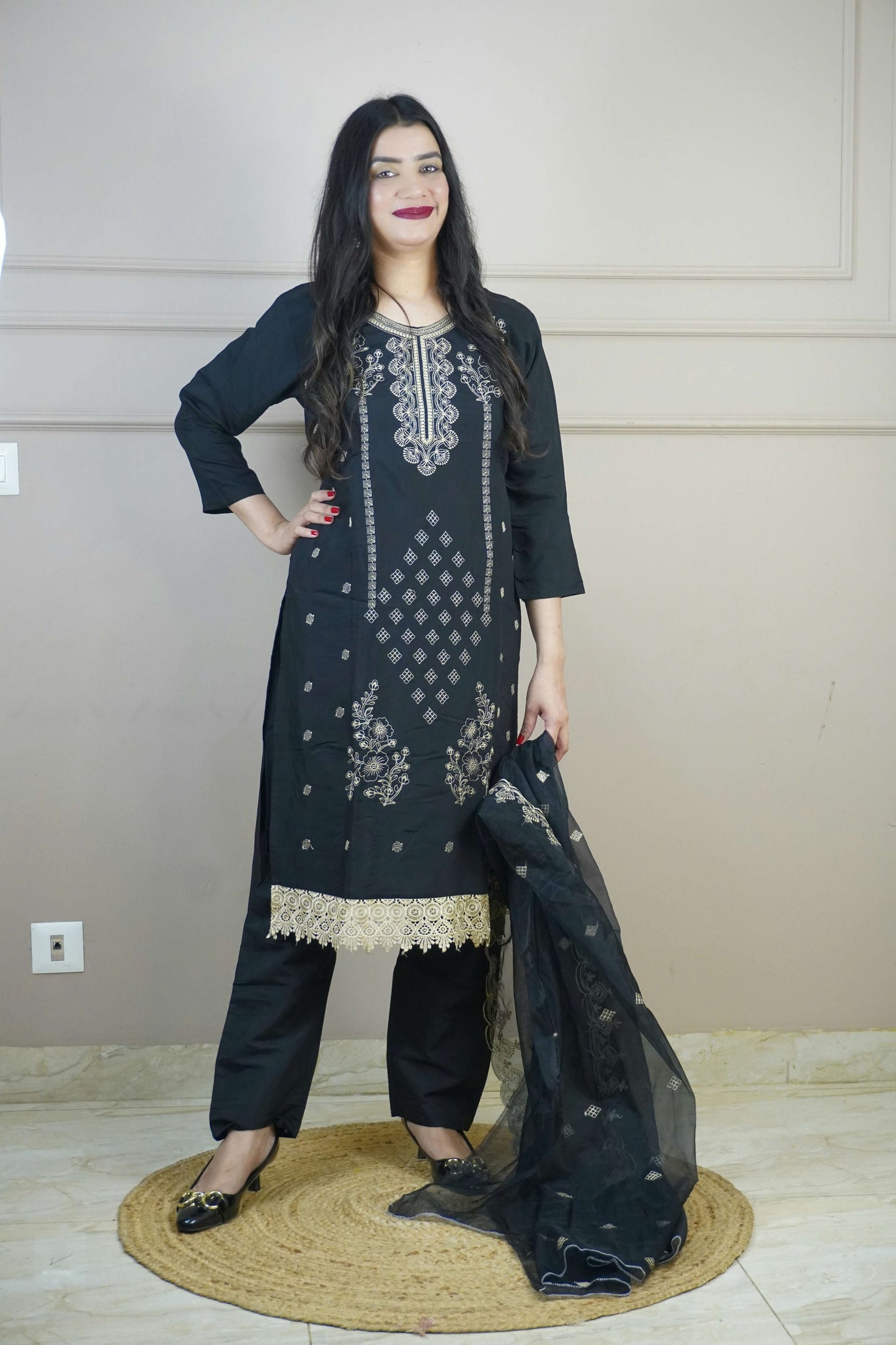 Black Colour Thread & Lace Work Straight Kurta Set with Pant & Dupatta