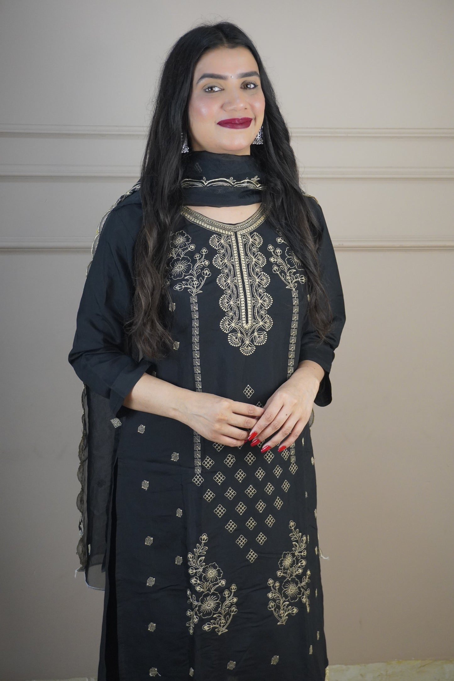 Black Colour Thread & Lace Work Straight Kurta Set with Pant & Dupatta