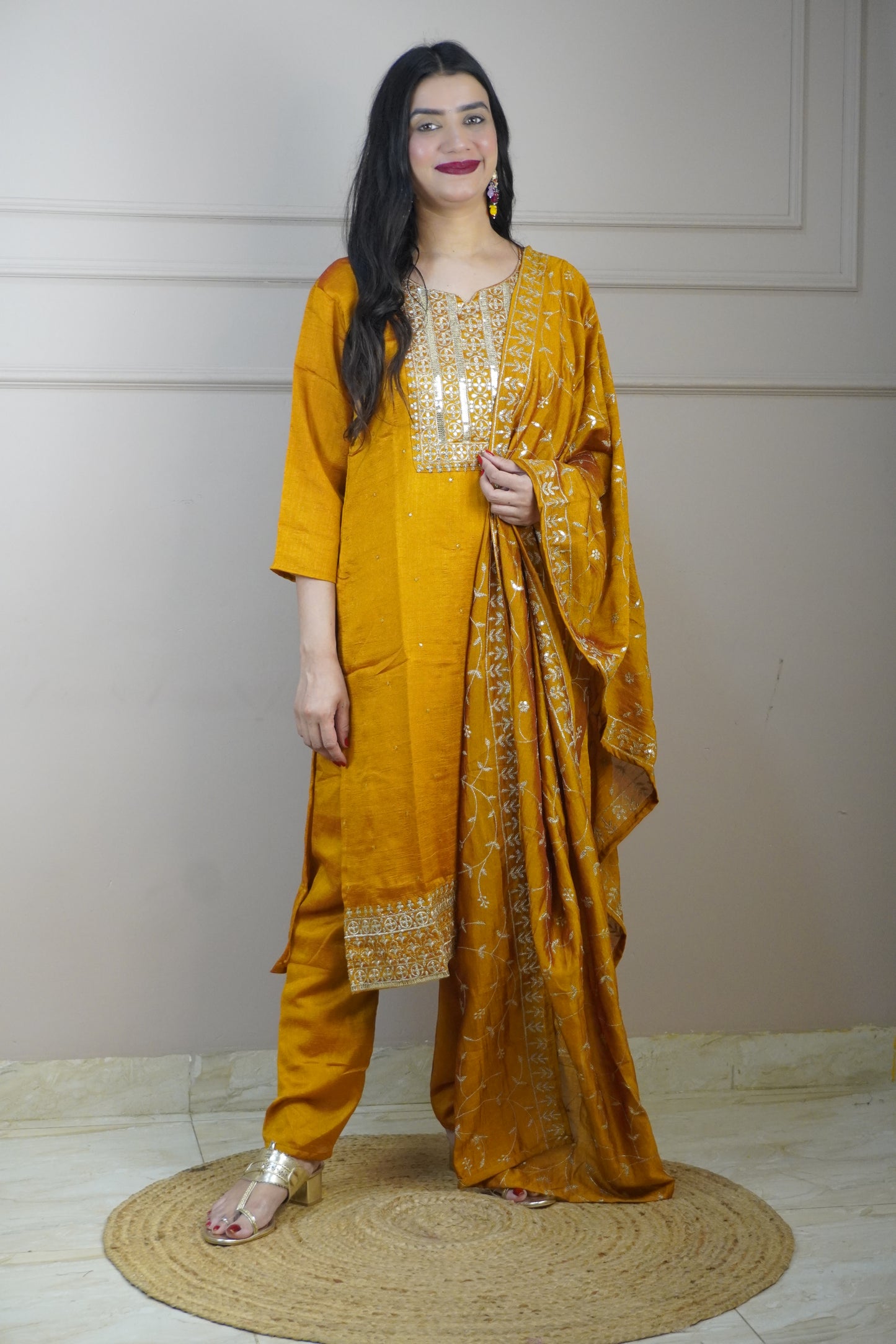 Mustard Colour Zari Work Straight Kurta Set with Pant & Dupatta