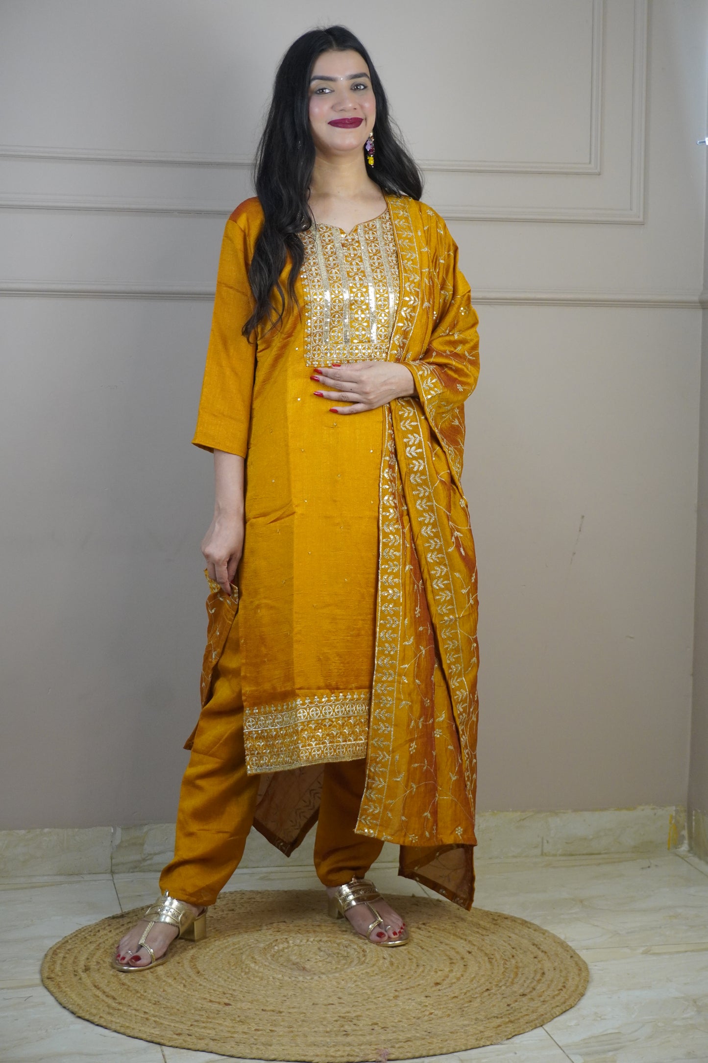 Mustard Colour Zari Work Straight Kurta Set with Pant & Dupatta