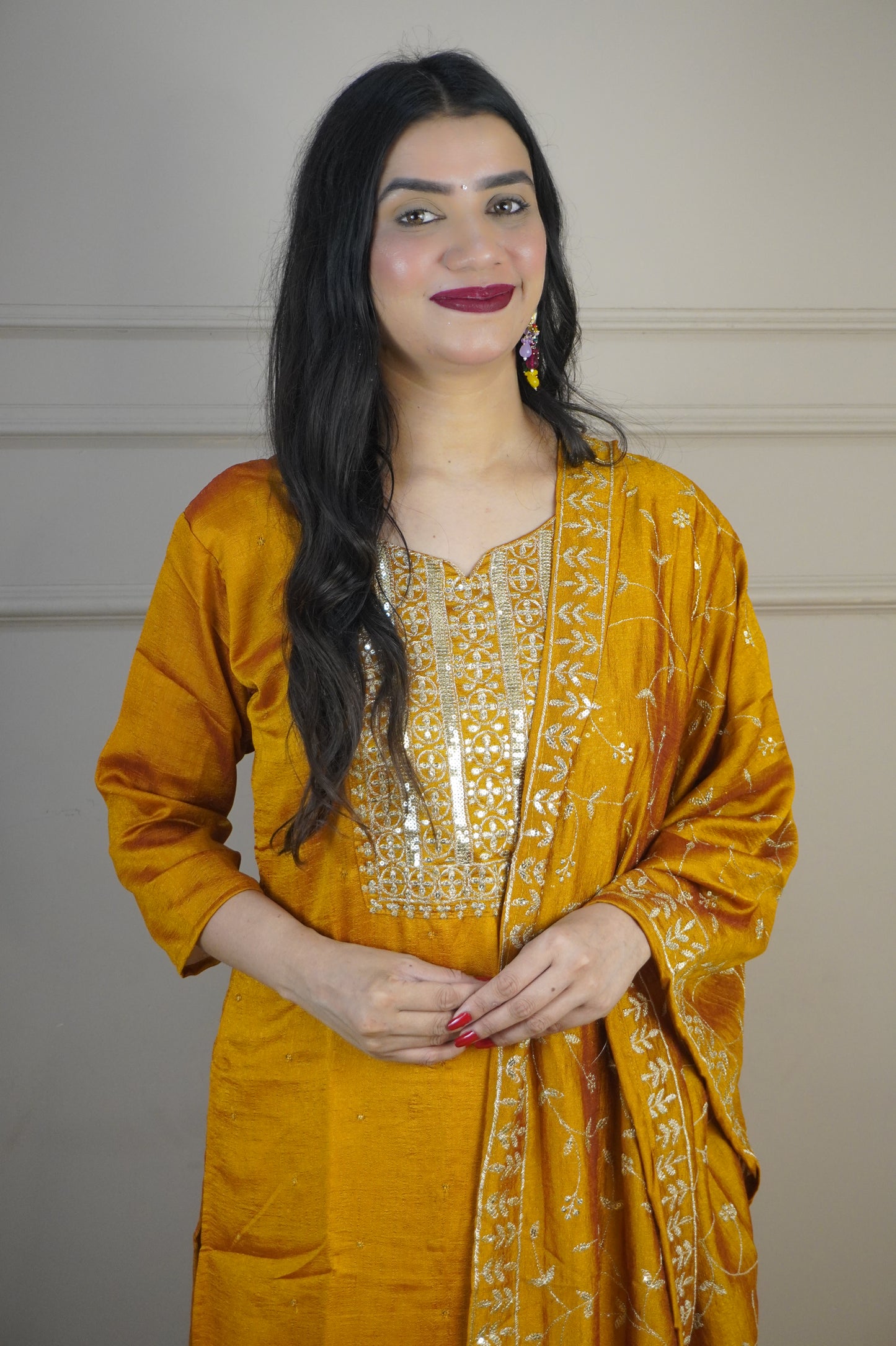 Mustard Colour Zari Work Straight Kurta Set with Pant & Dupatta