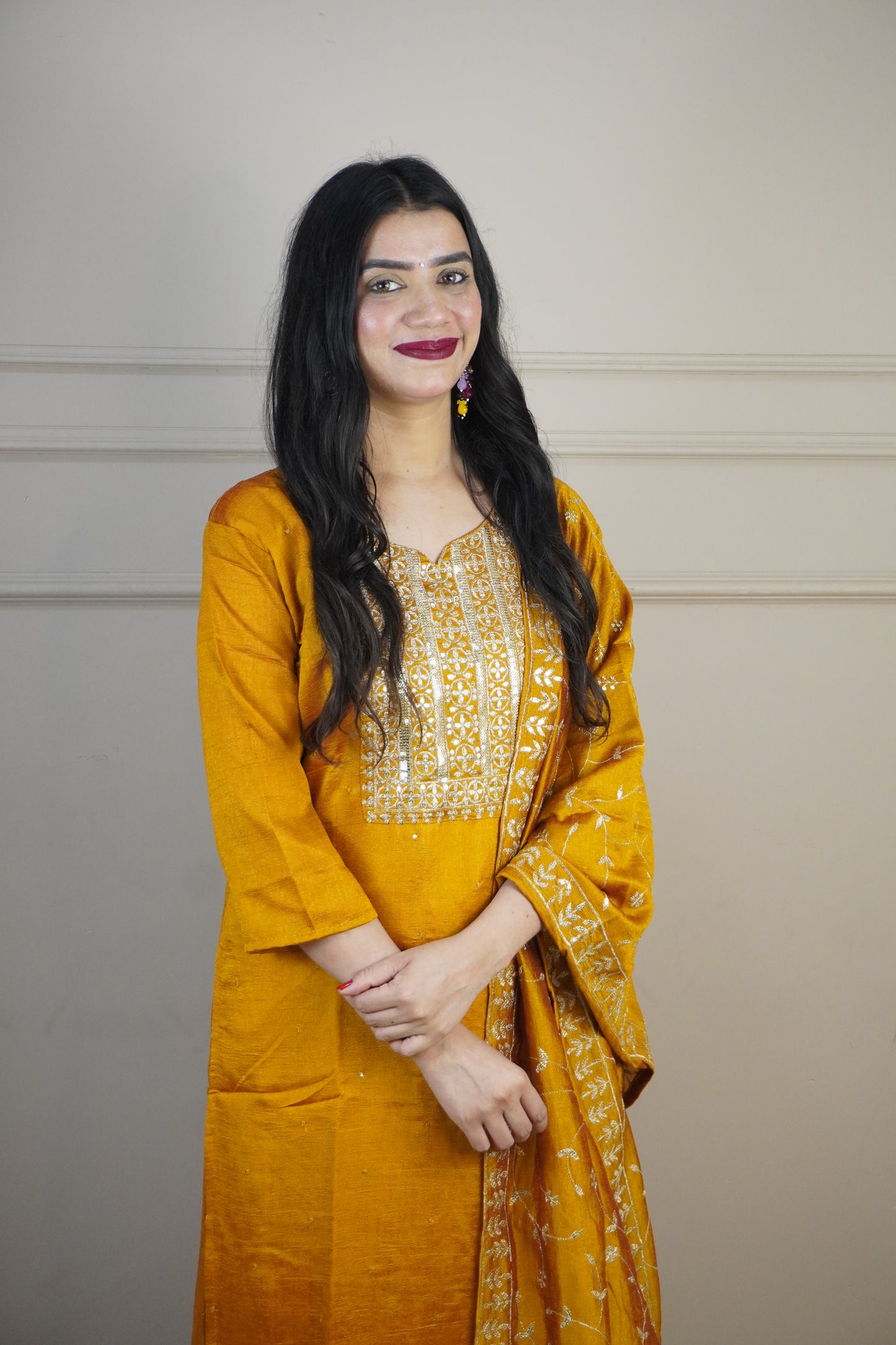 Mustard Colour Zari Work Straight Kurta Set with Pant & Dupatta