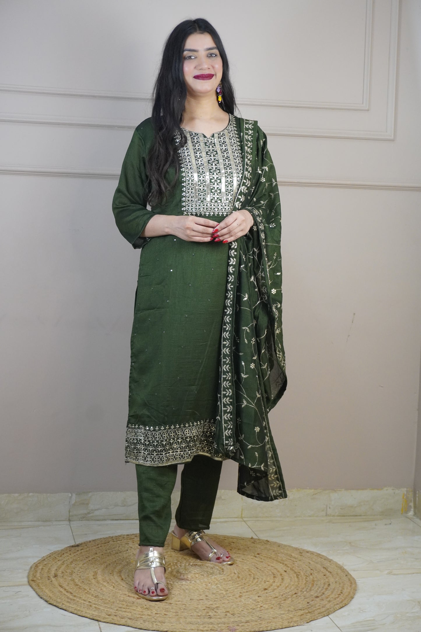 Green Colour Zari Work Straight Kurta Set with Pant & Dupatta