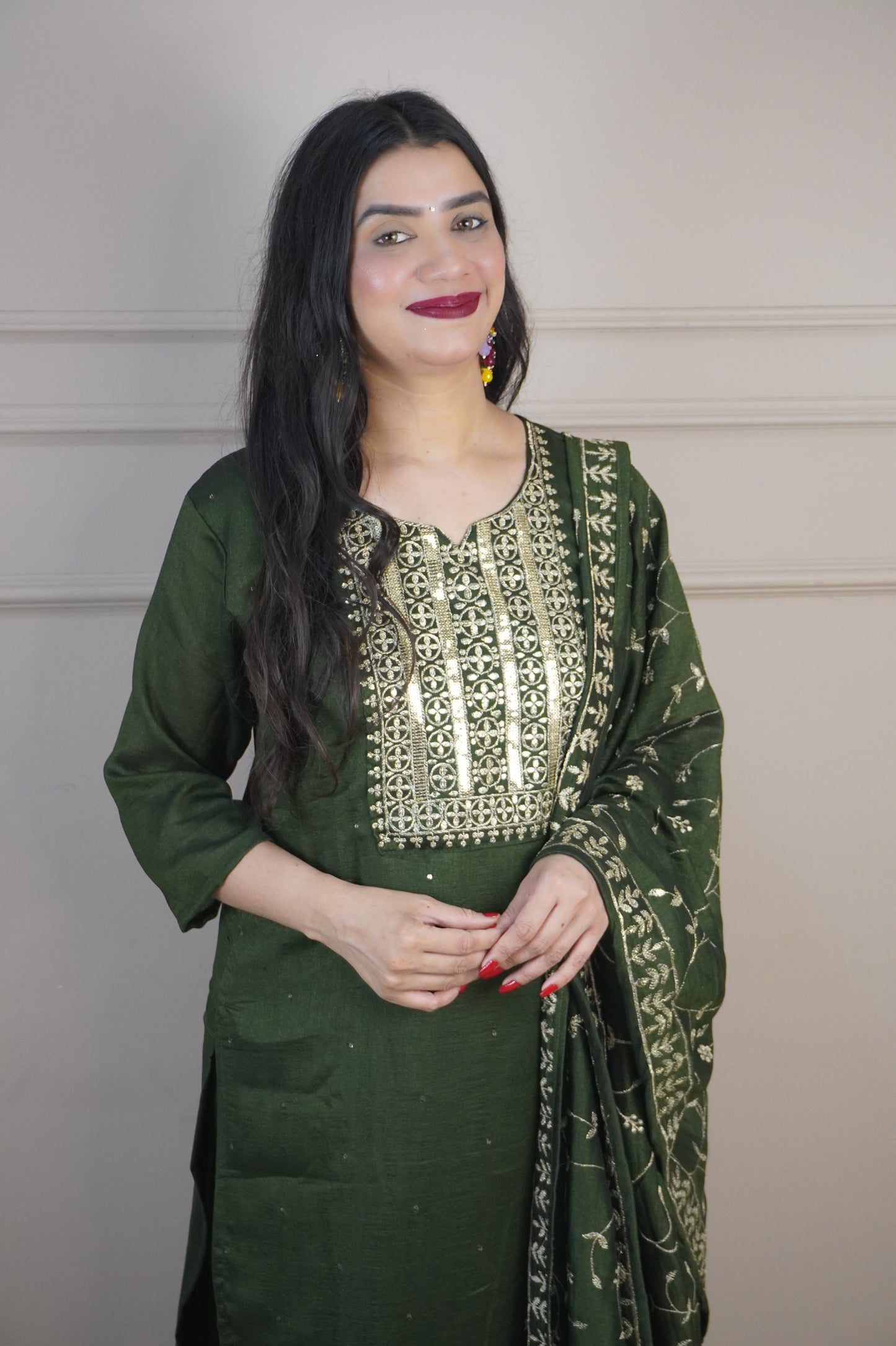 Green Colour Zari Work Straight Kurta Set with Pant & Dupatta