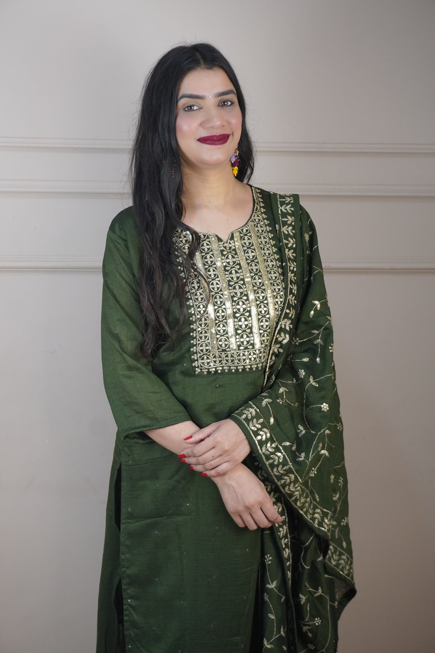 Green Colour Zari Work Straight Kurta Set with Pant & Dupatta
