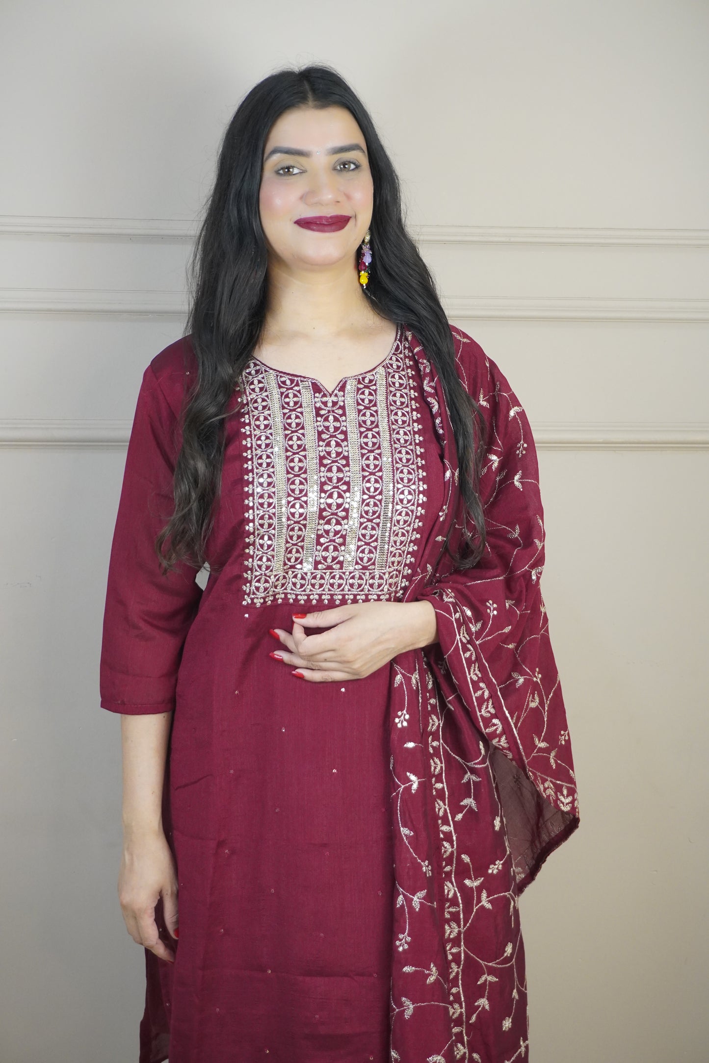 Maroon Colour Zari Work Straight Kurta Set with Pant & Dupatta