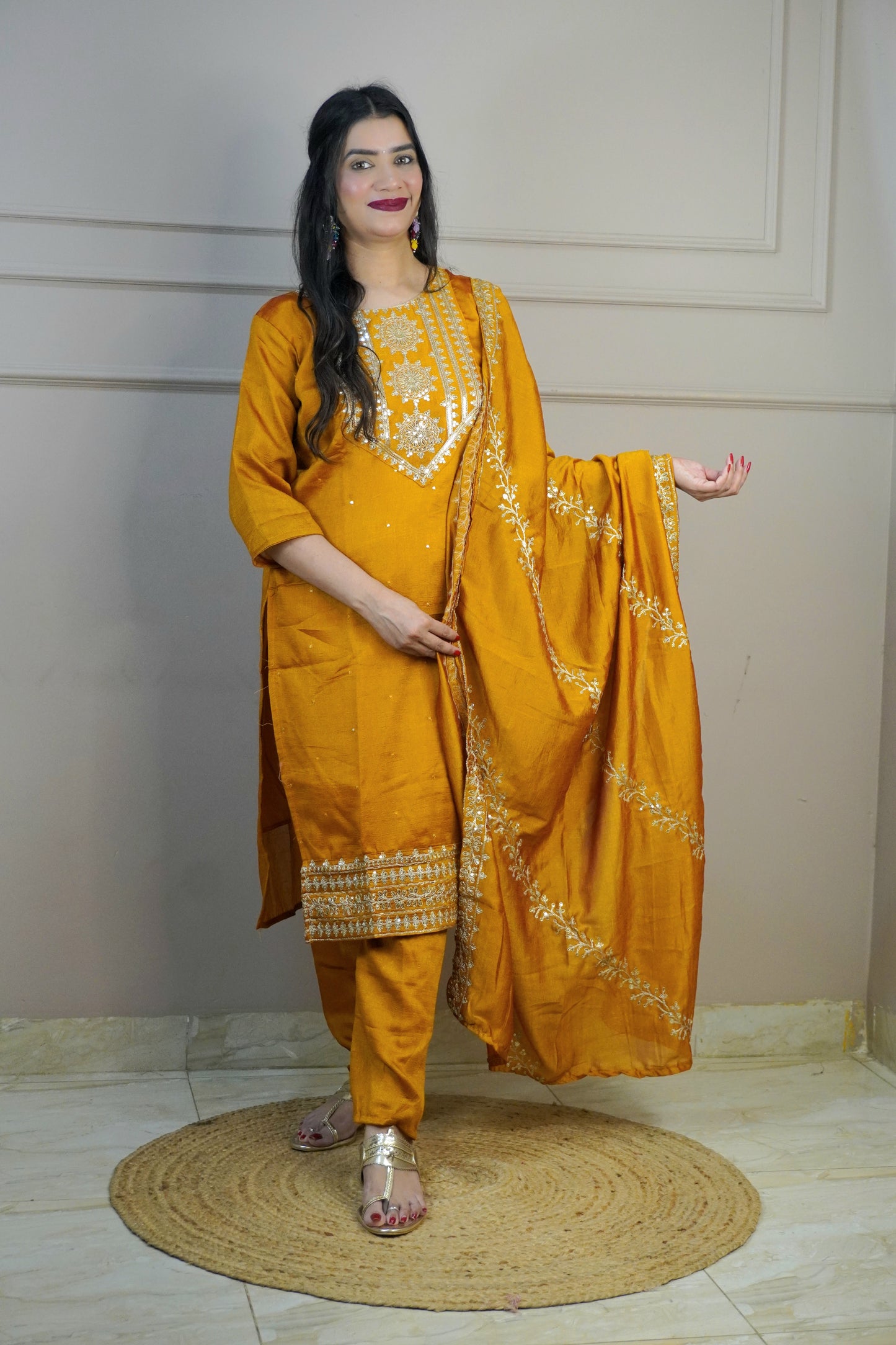 Mustard Colour Zari Work Straight Kurta Set with Pant & Dupatta