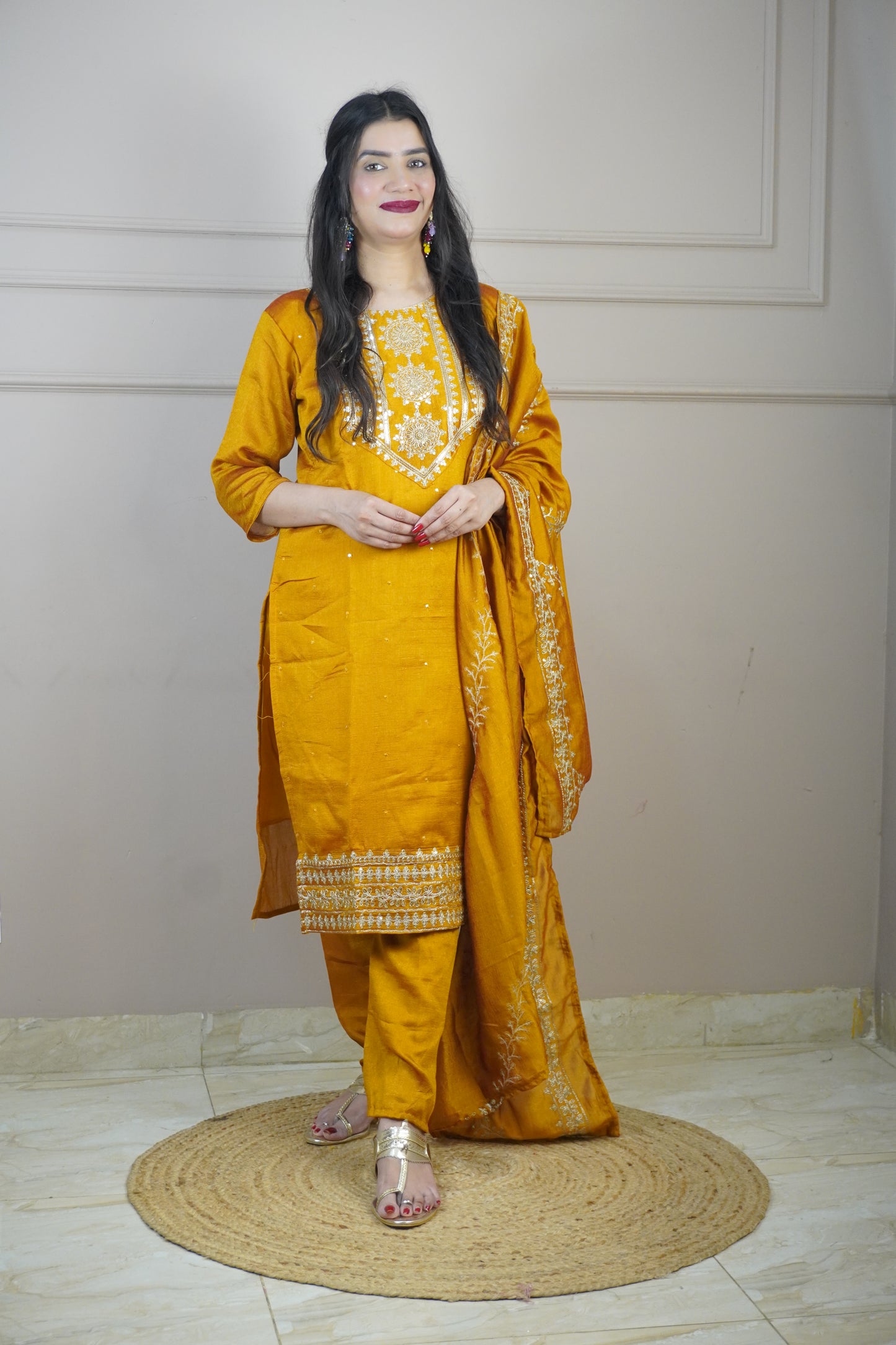 Mustard Colour Zari Work Straight Kurta Set with Pant & Dupatta
