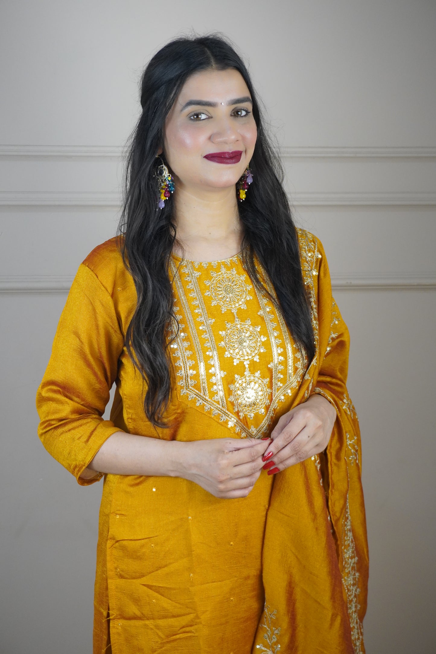 Mustard Colour Zari Work Straight Kurta Set with Pant & Dupatta