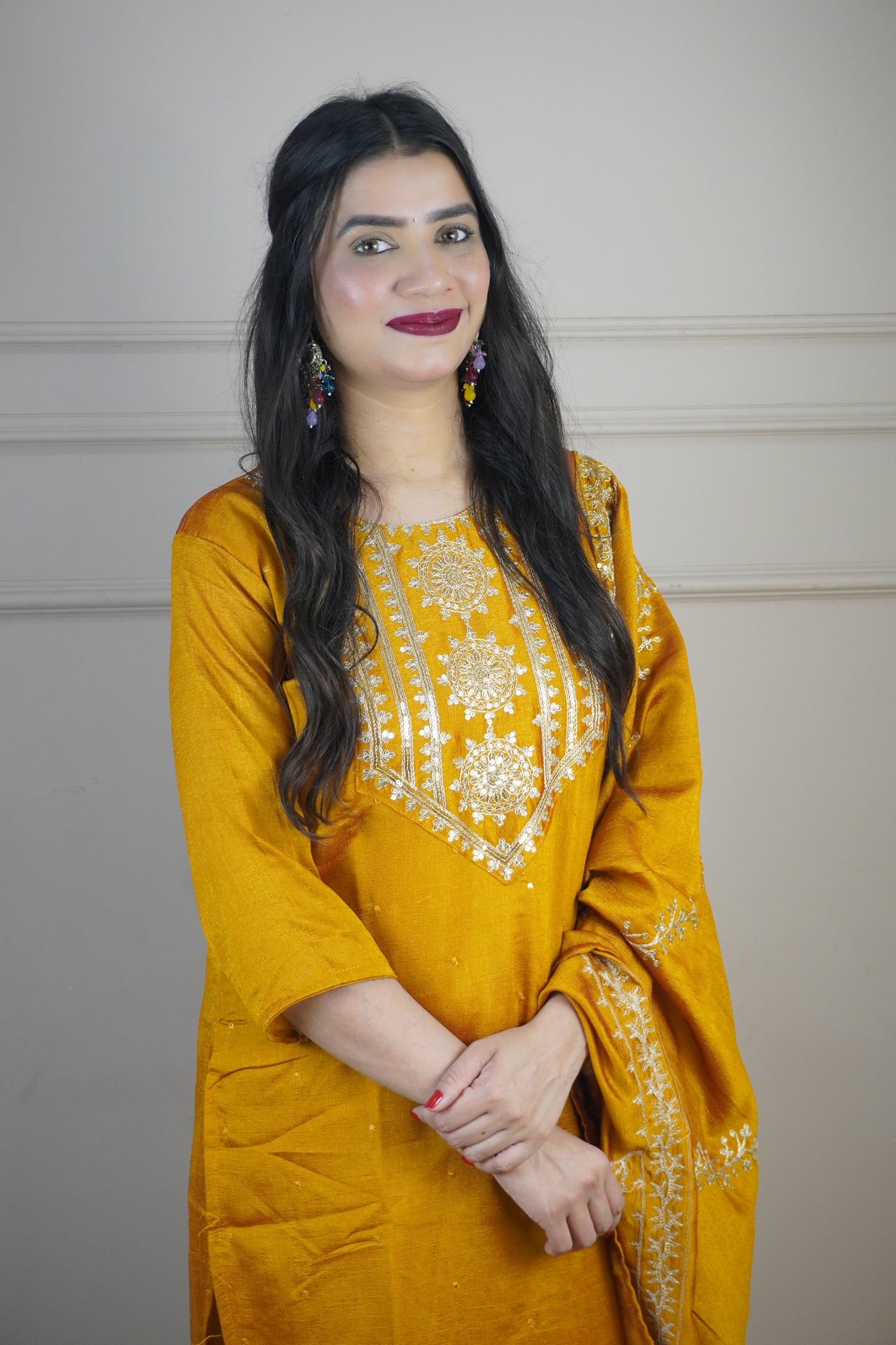 Mustard Colour Zari Work Straight Kurta Set with Pant & Dupatta