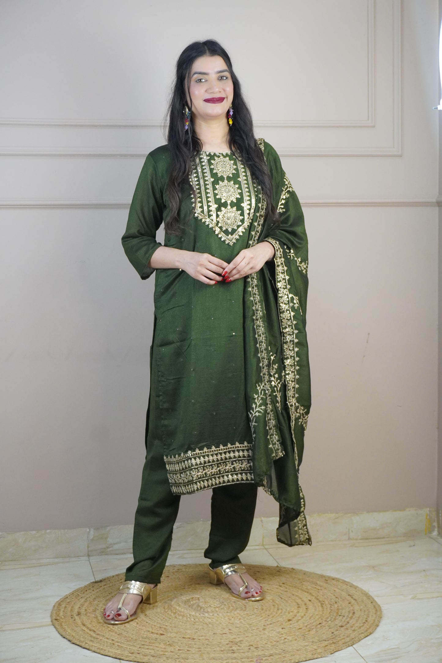 Green Colour Zari Work Straight Kurta Set with Pant & Dupatta