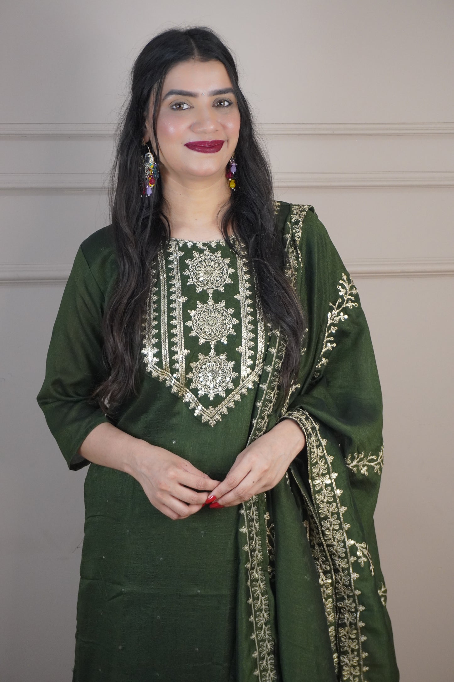 Green Colour Zari Work Straight Kurta Set with Pant & Dupatta