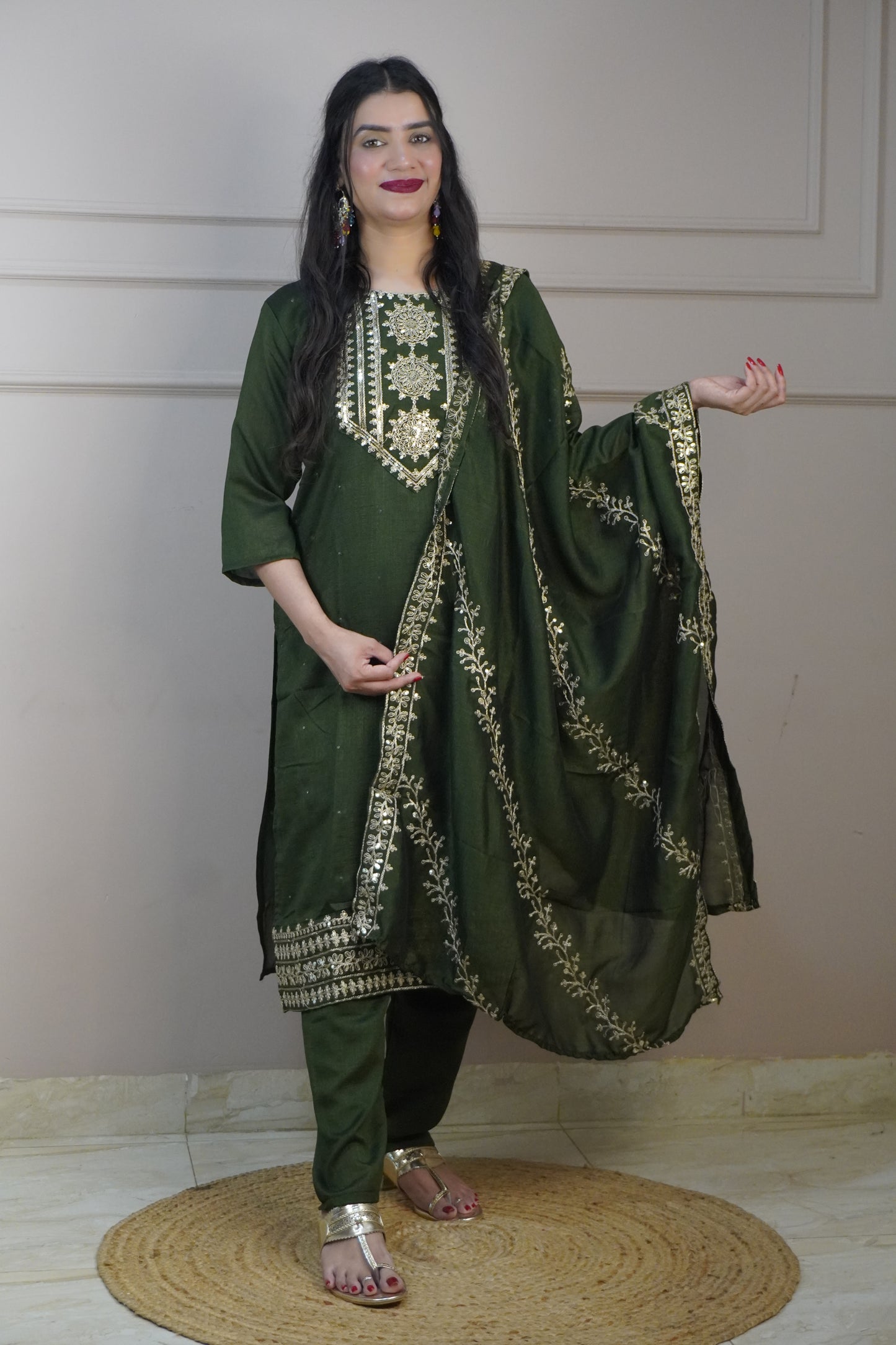 Green Colour Zari Work Straight Kurta Set with Pant & Dupatta