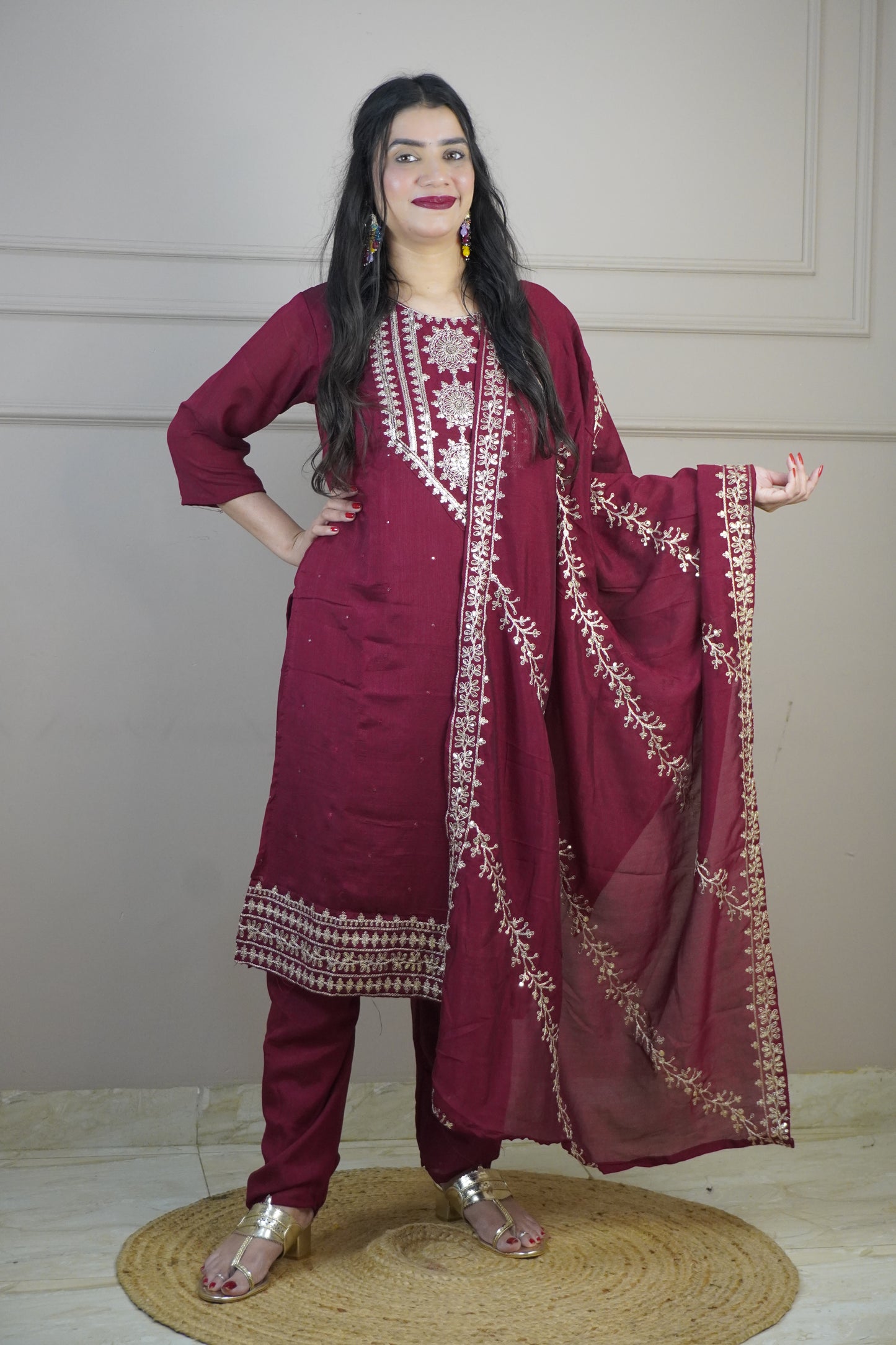 Maroon Colour Zari Work Straight Kurta Set with Pant & Dupatta
