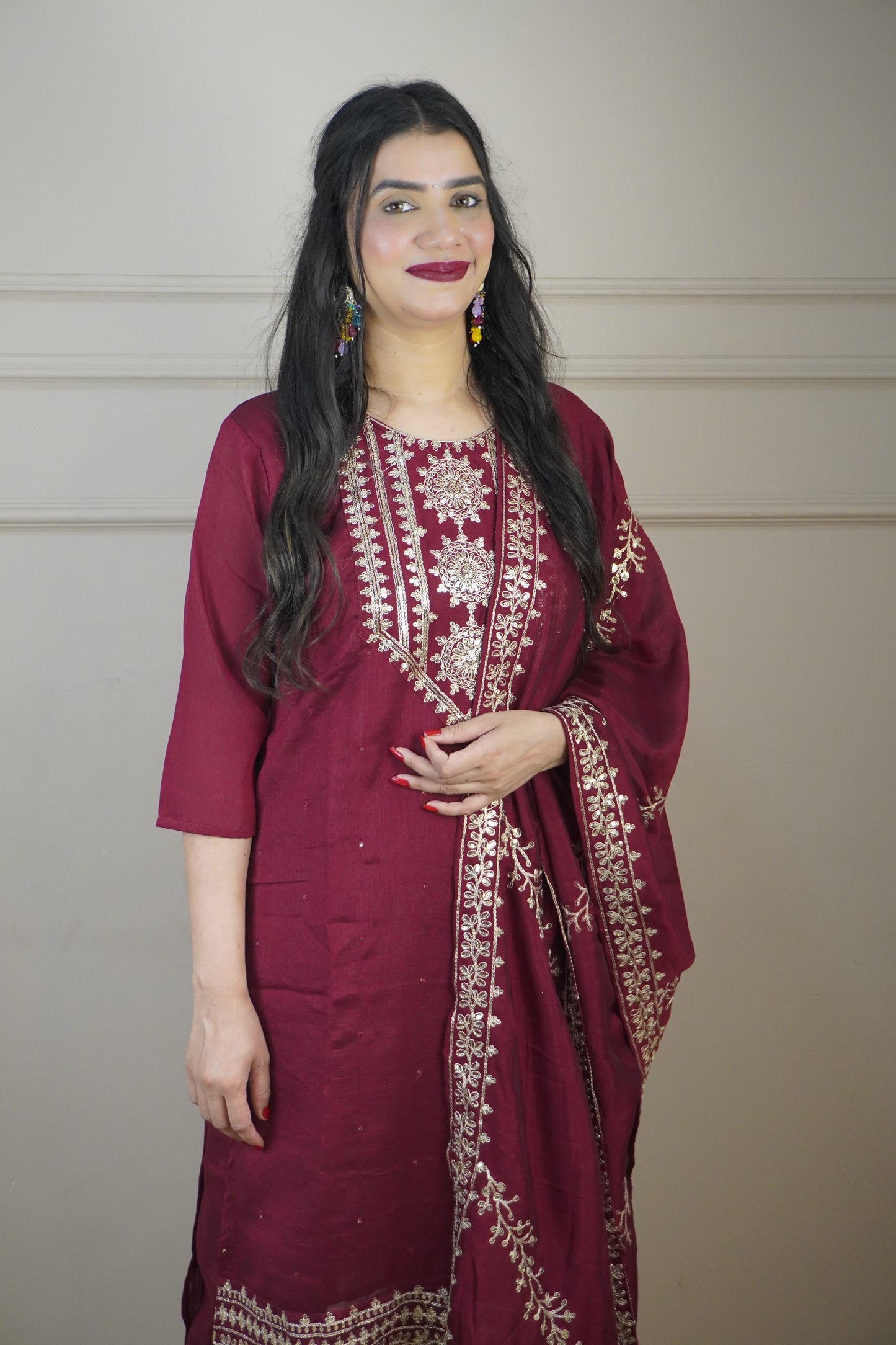 Maroon Colour Zari Work Straight Kurta Set with Pant & Dupatta