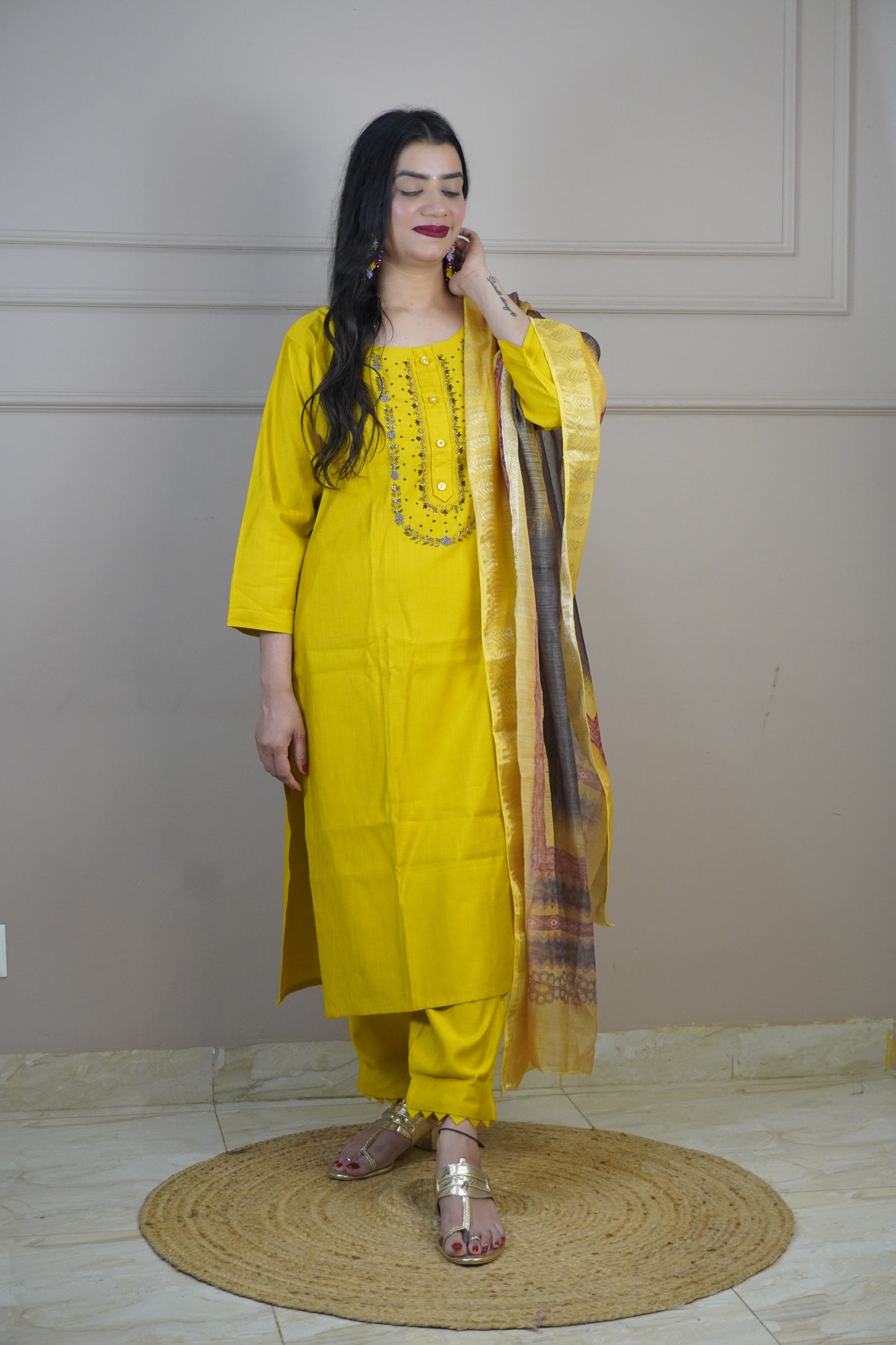 Mustard Colour Zari & Moti Work Straight Kurta Set with Pant & Digital Print Dupatta
