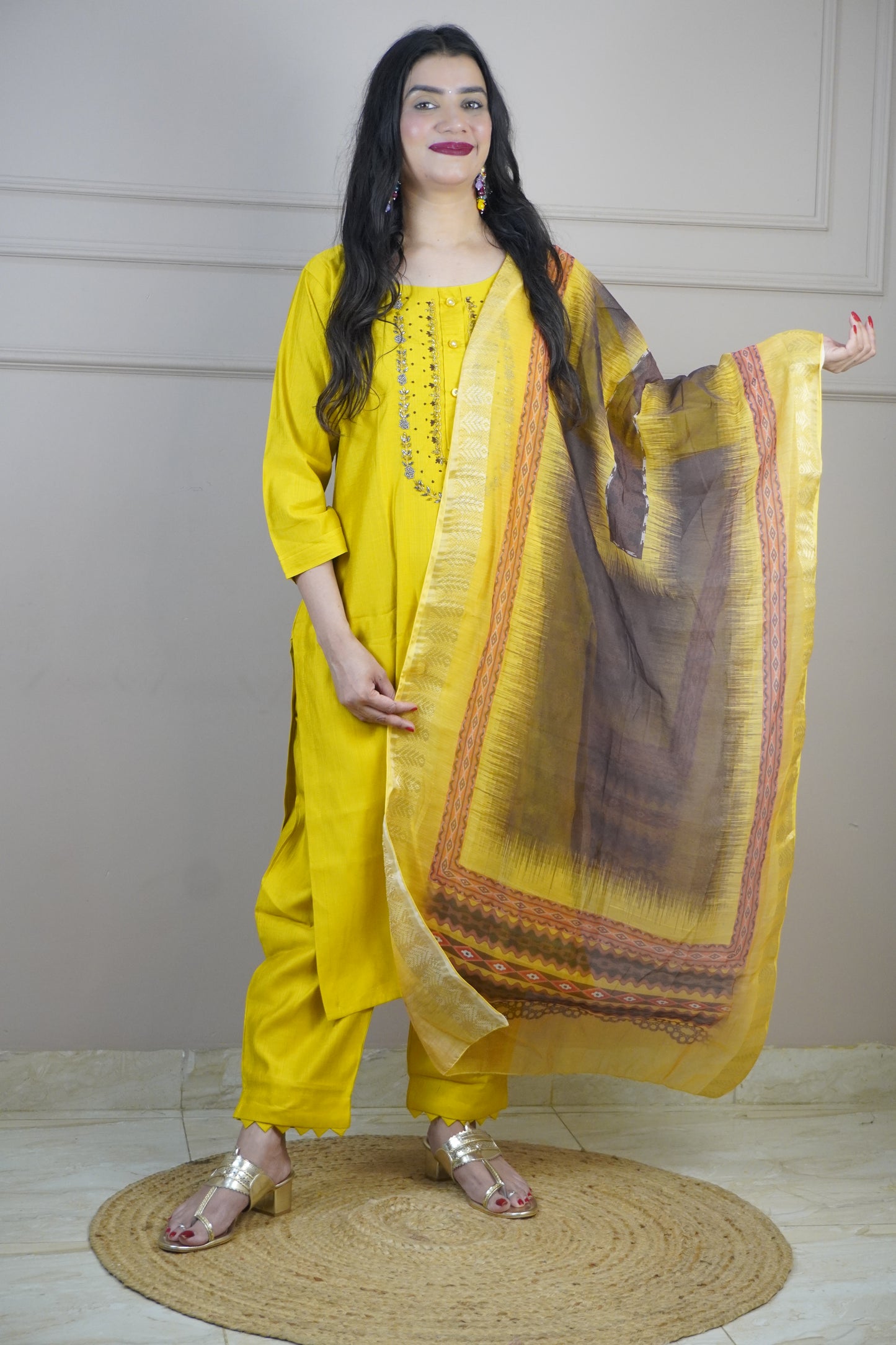 Mustard Colour Zari & Moti Work Straight Kurta Set with Pant & Digital Print Dupatta