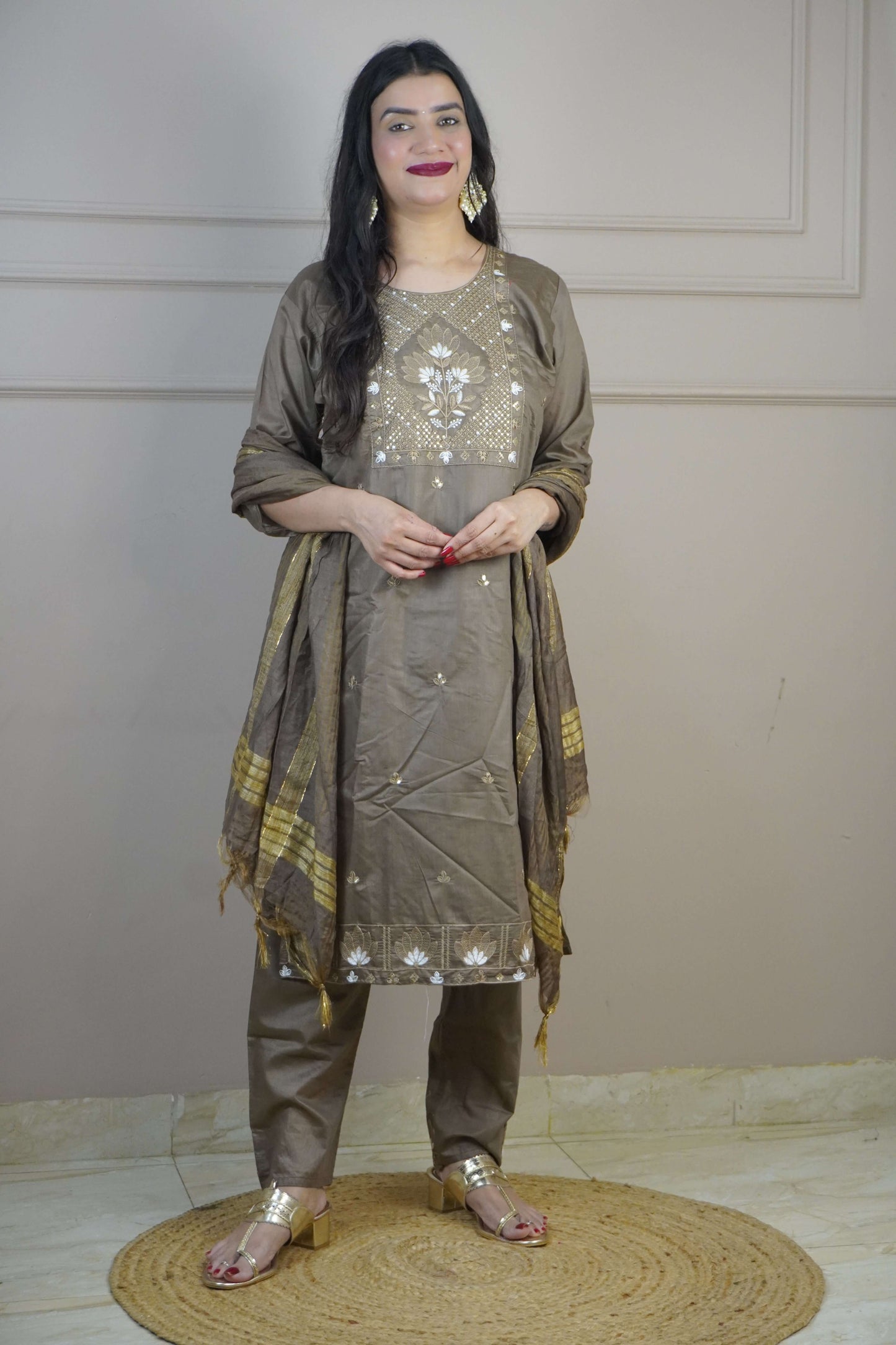 Coffee Brown Colour Thread Work Straight Kurta Set with Pant & Dupatta
