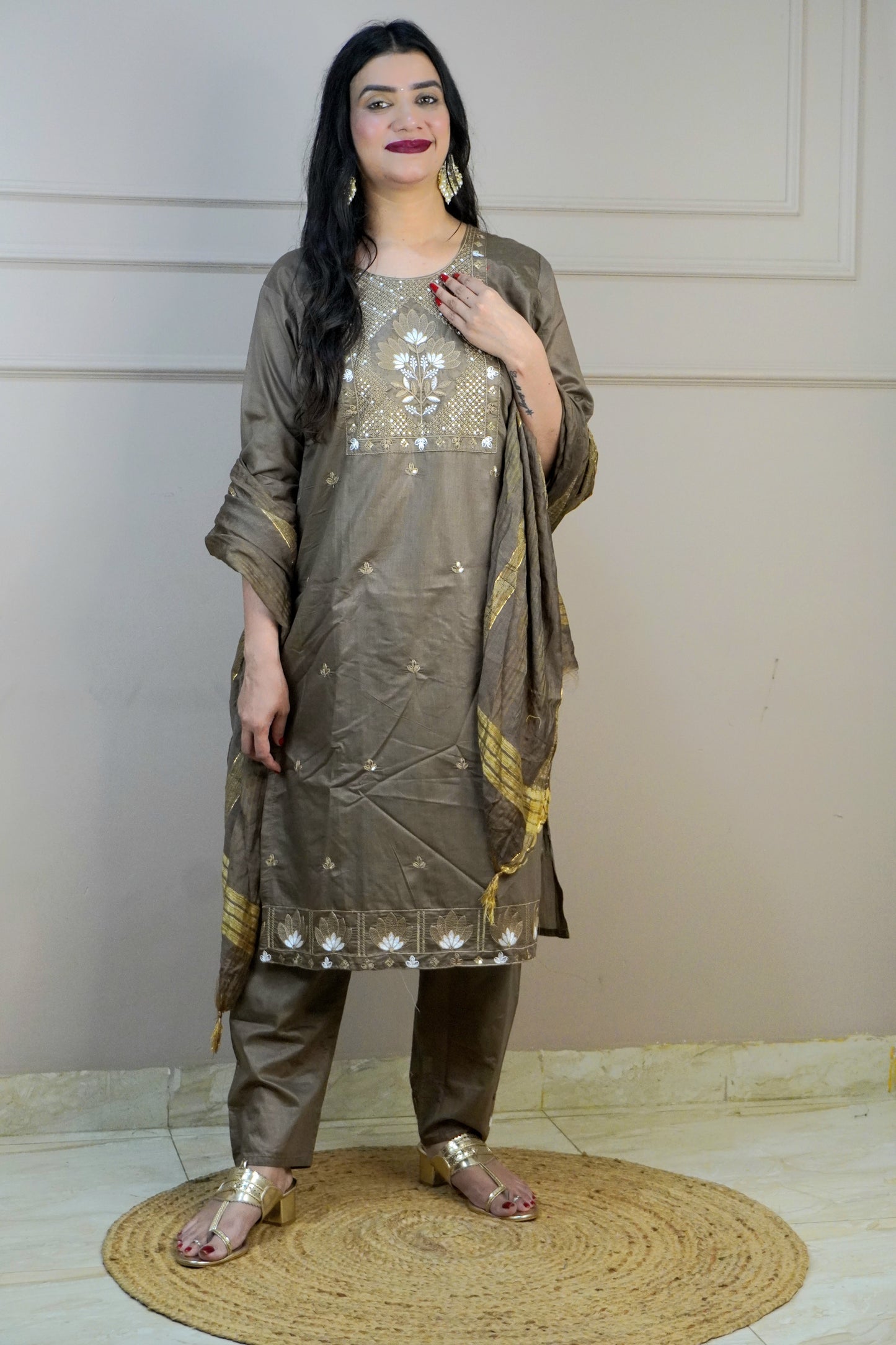 Coffee Brown Colour Thread Work Straight Kurta Set with Pant & Dupatta