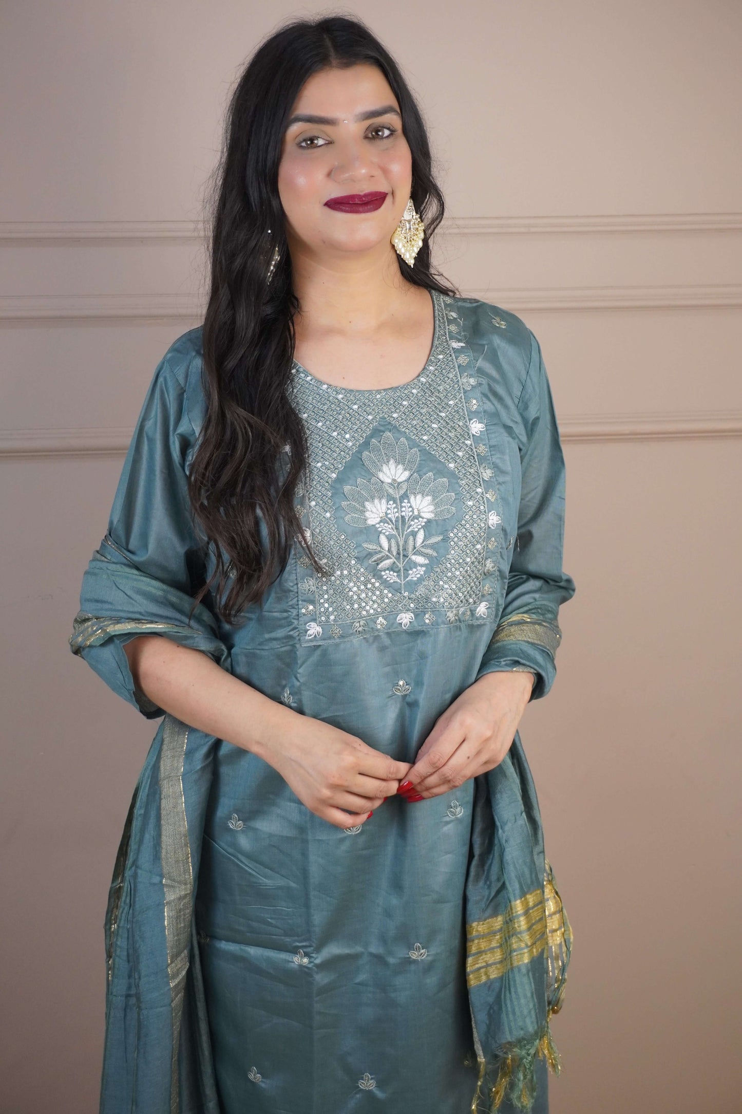 Steel Blue Colour Thread Work Straight Kurta Set with Pant & Dupatta