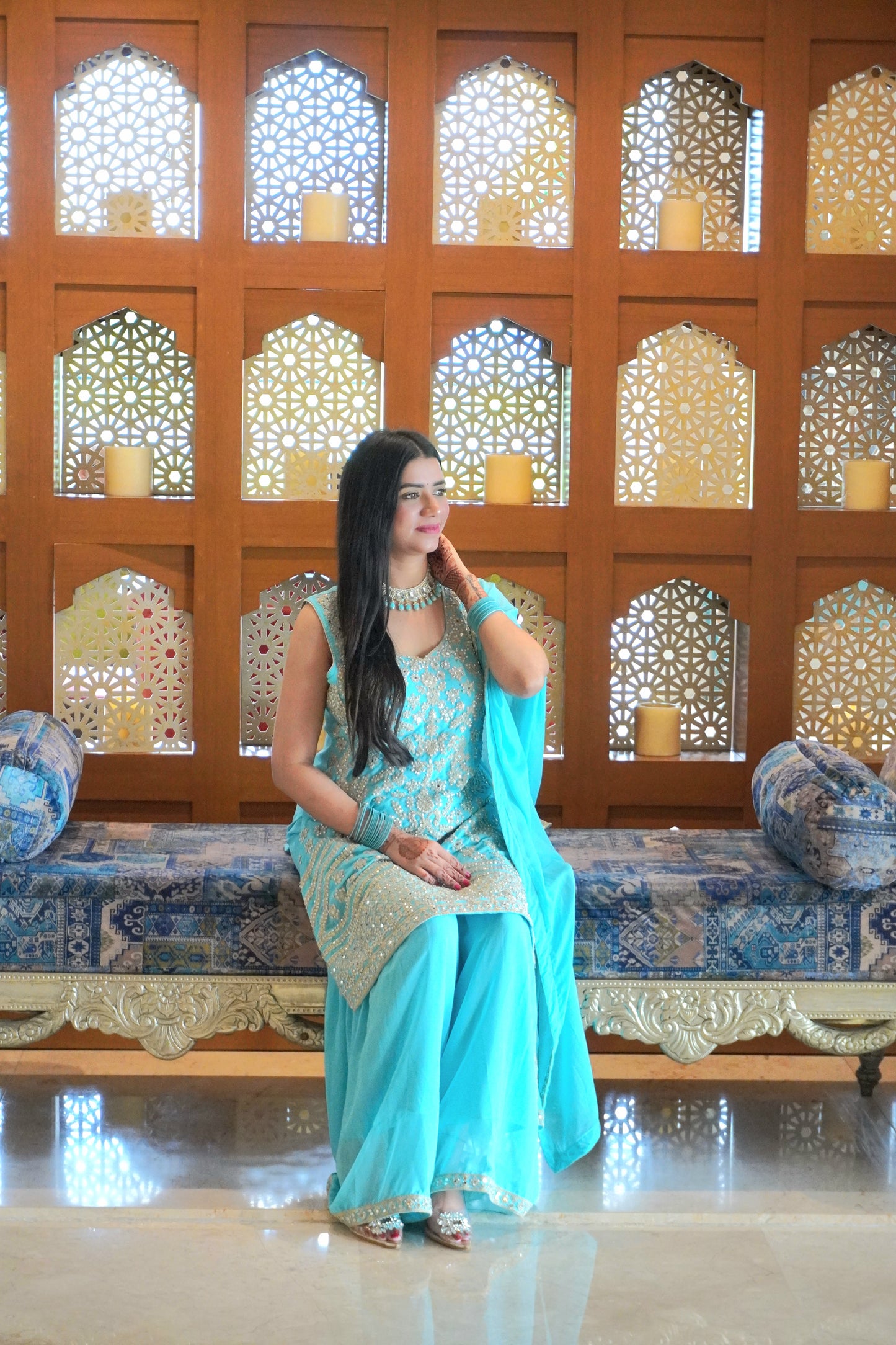 Sea Blue Colour Thread & Mirror Work Kurta & Sharara Set with Dupatta Free size (3 Inch Margin both side available for alteration)