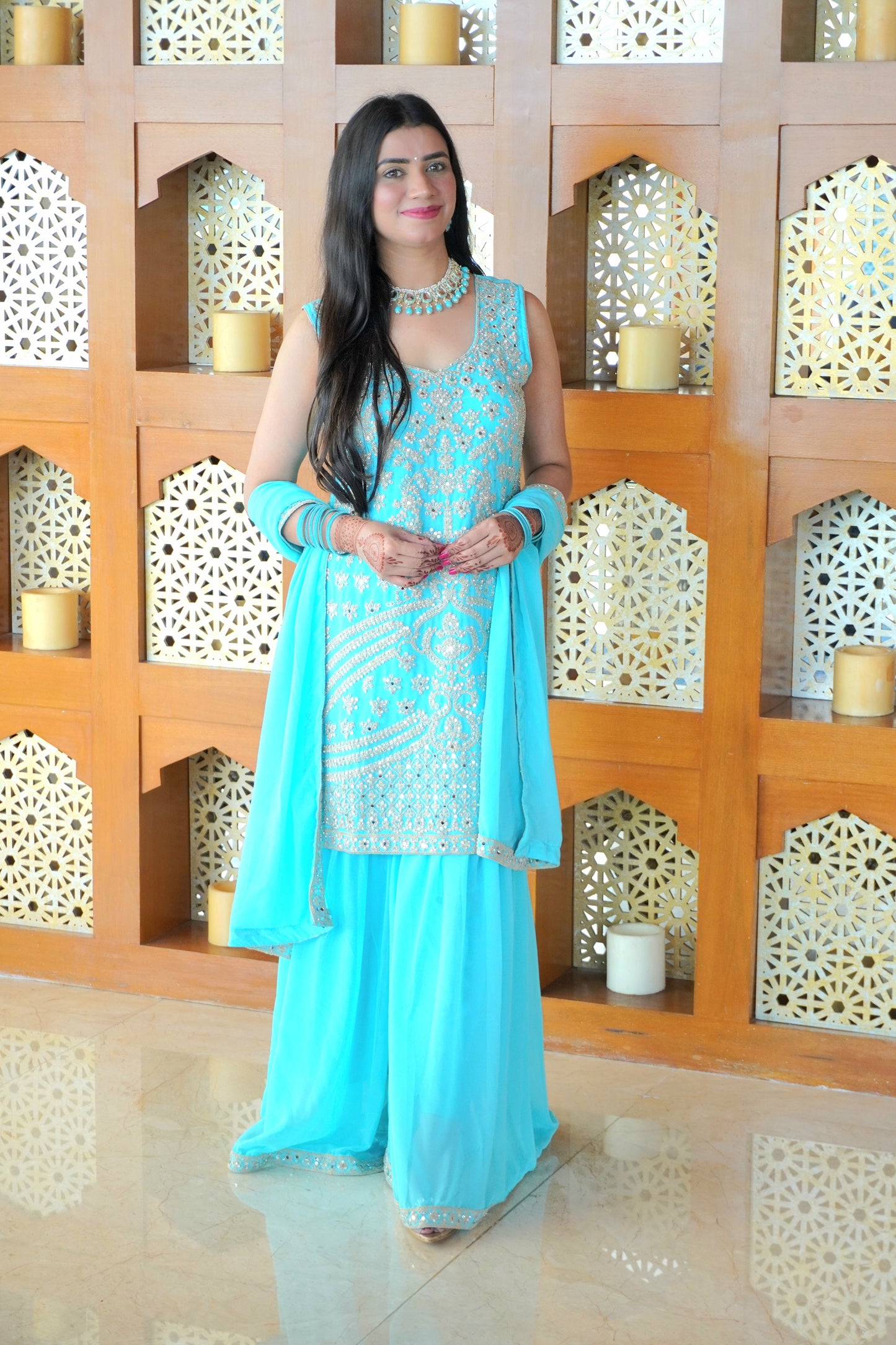 Sea Blue Colour Thread & Mirror Work Kurta & Sharara Set with Dupatta Free size (3 Inch Margin both side available for alteration)