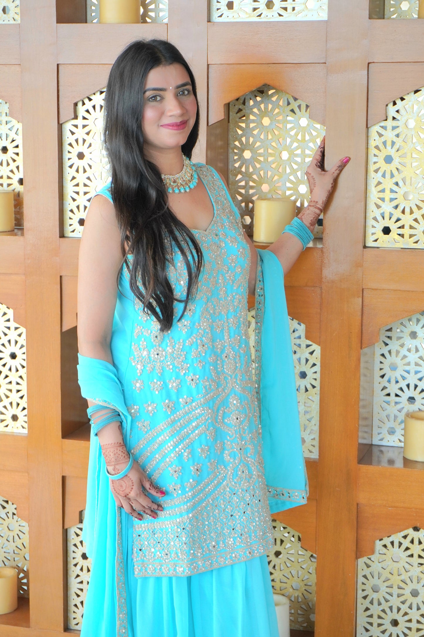 Sea Blue Colour Thread & Mirror Work Kurta & Sharara Set with Dupatta Free size (3 Inch Margin both side available for alteration)
