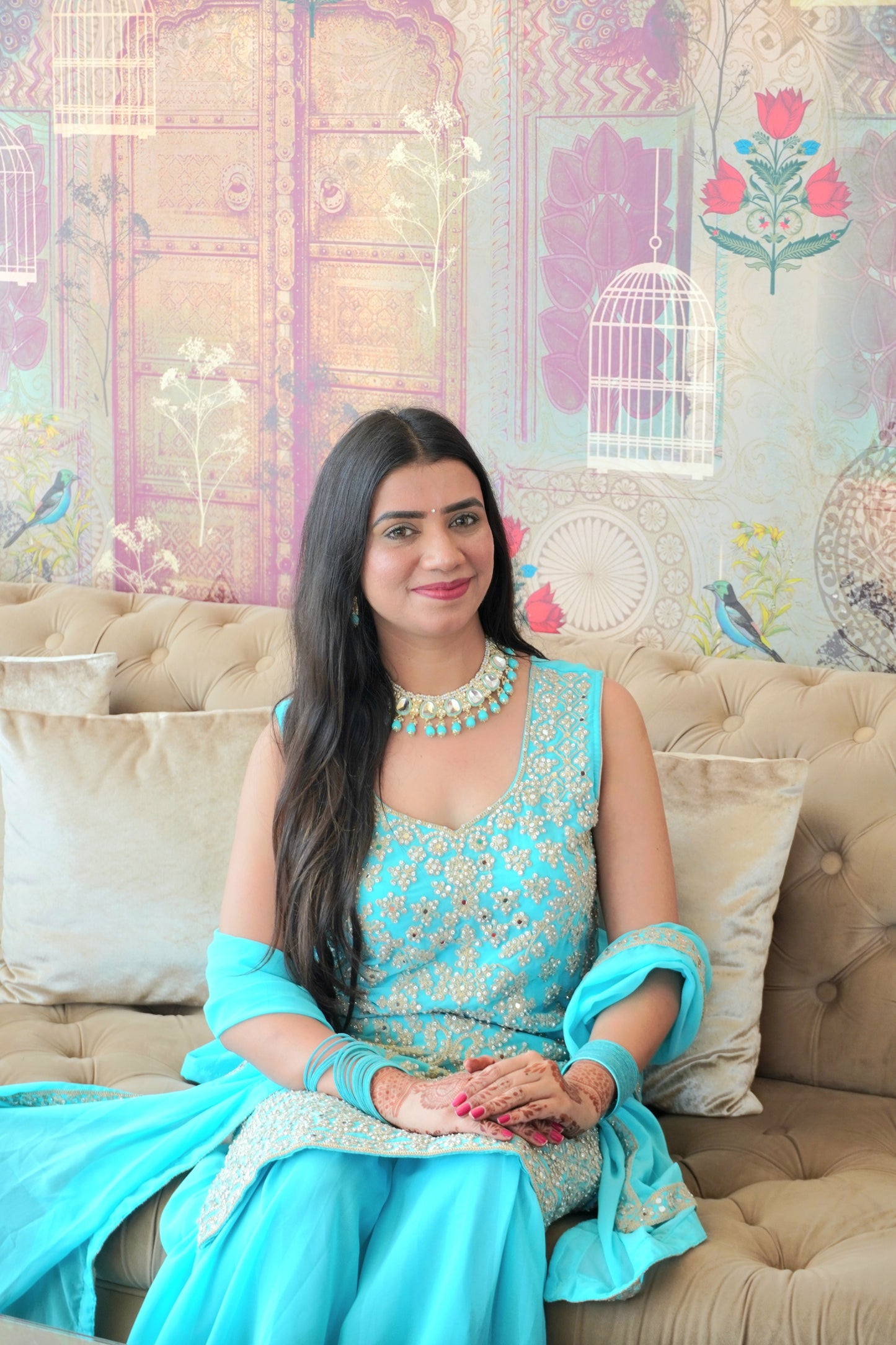 Sea Blue Colour Thread & Mirror Work Kurta & Sharara Set with Dupatta Free size (3 Inch Margin both side available for alteration)