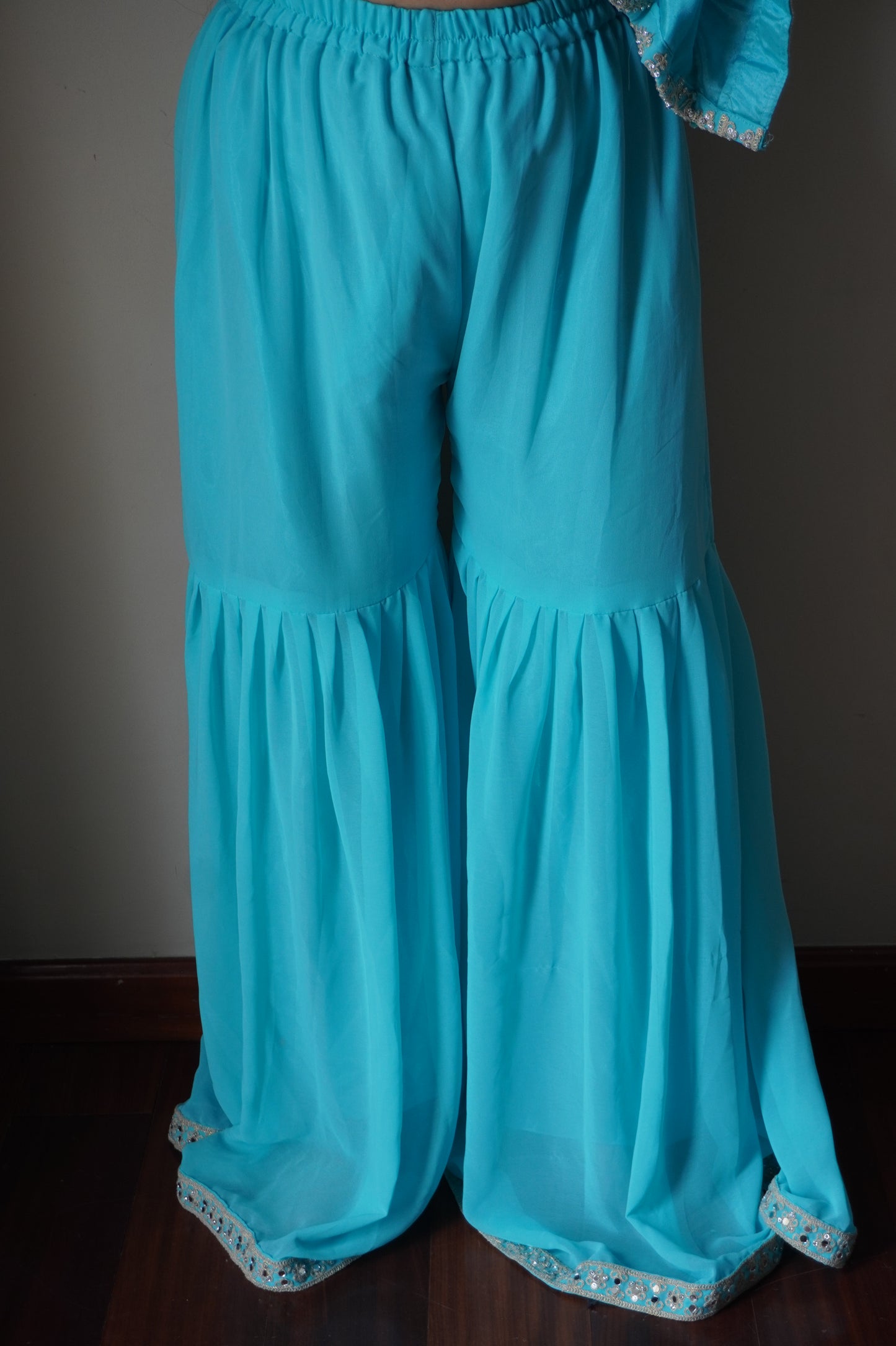 Sea Blue Colour Thread & Mirror Work Kurta & Sharara Set with Dupatta Free size (3 Inch Margin both side available for alteration)