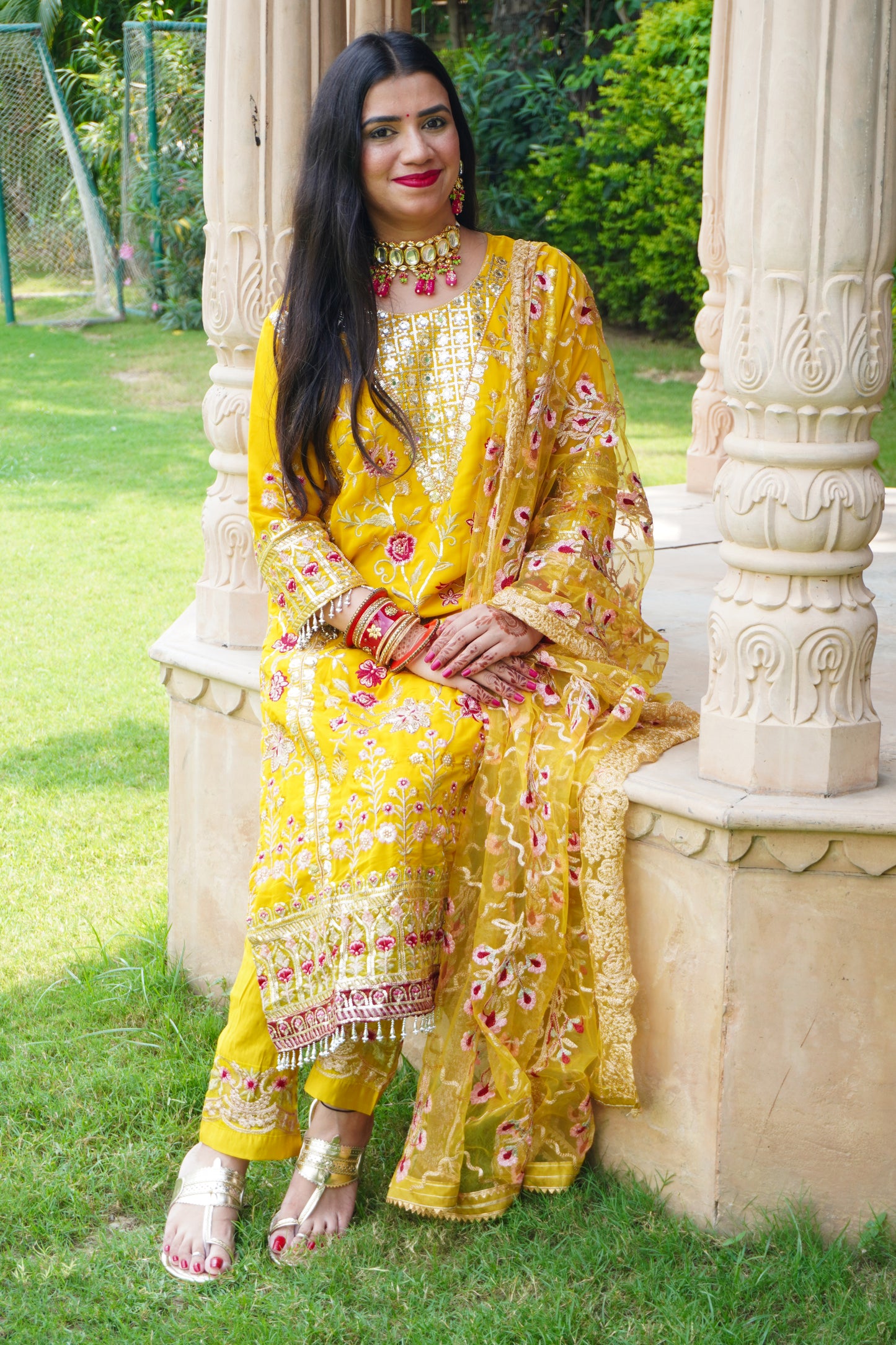 Bright Yellow Colour Zari & Mirror Work Pakistani Kurta Set with Pant & Dupatta