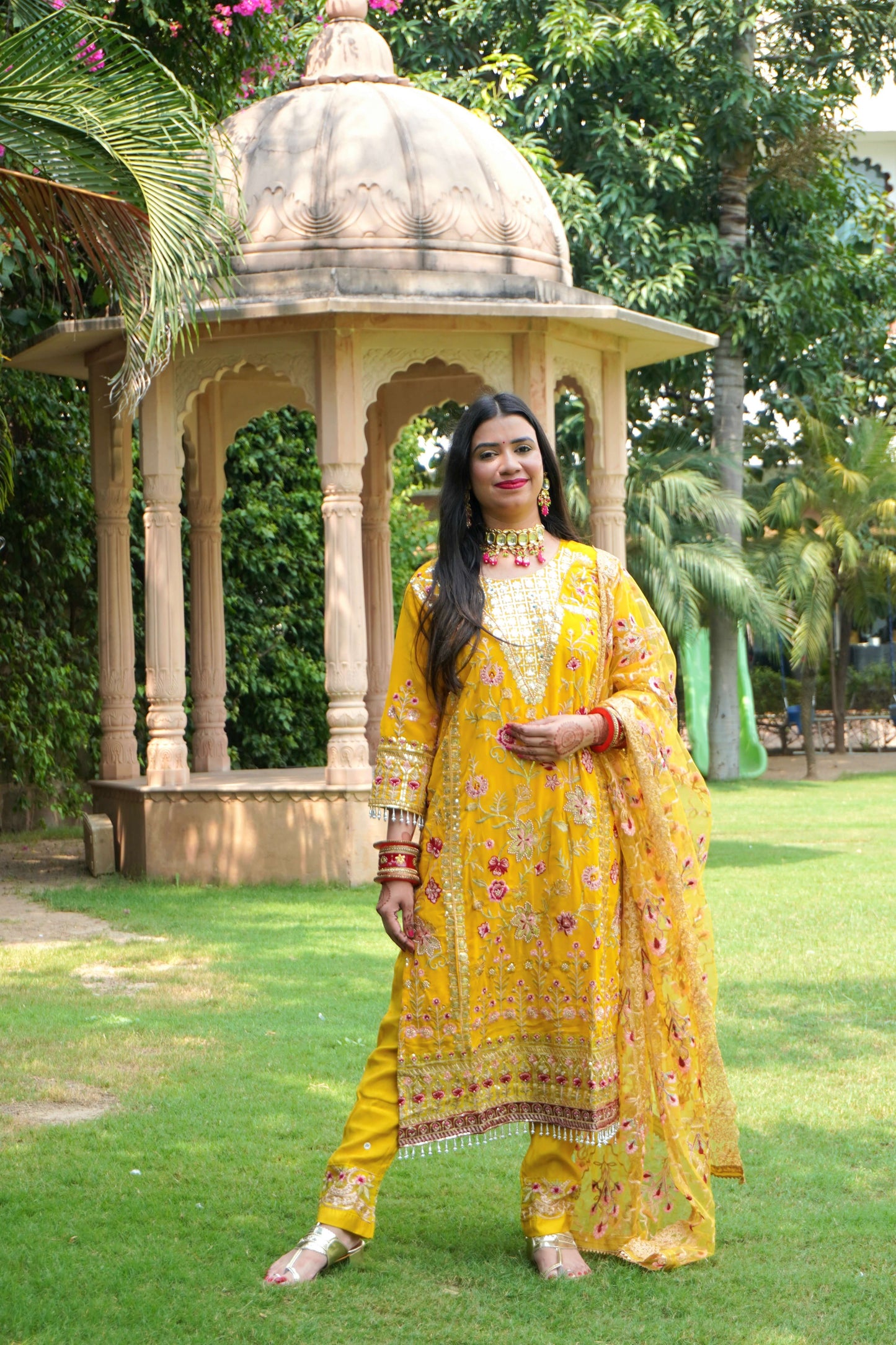 Bright Yellow Colour Zari & Mirror Work Pakistani Kurta Set with Pant & Dupatta