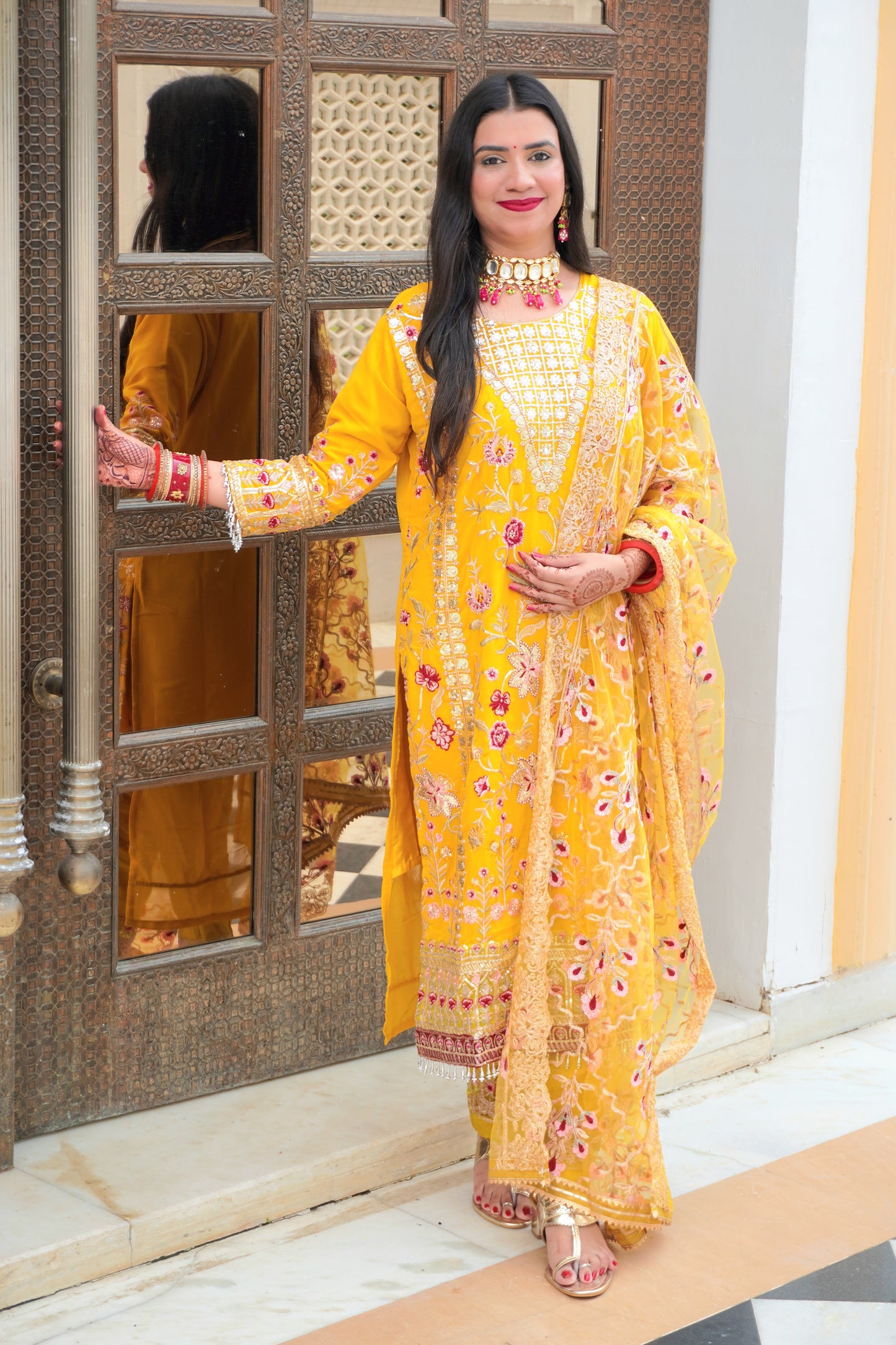Bright Yellow Colour Zari & Mirror Work Pakistani Kurta Set with Pant & Dupatta