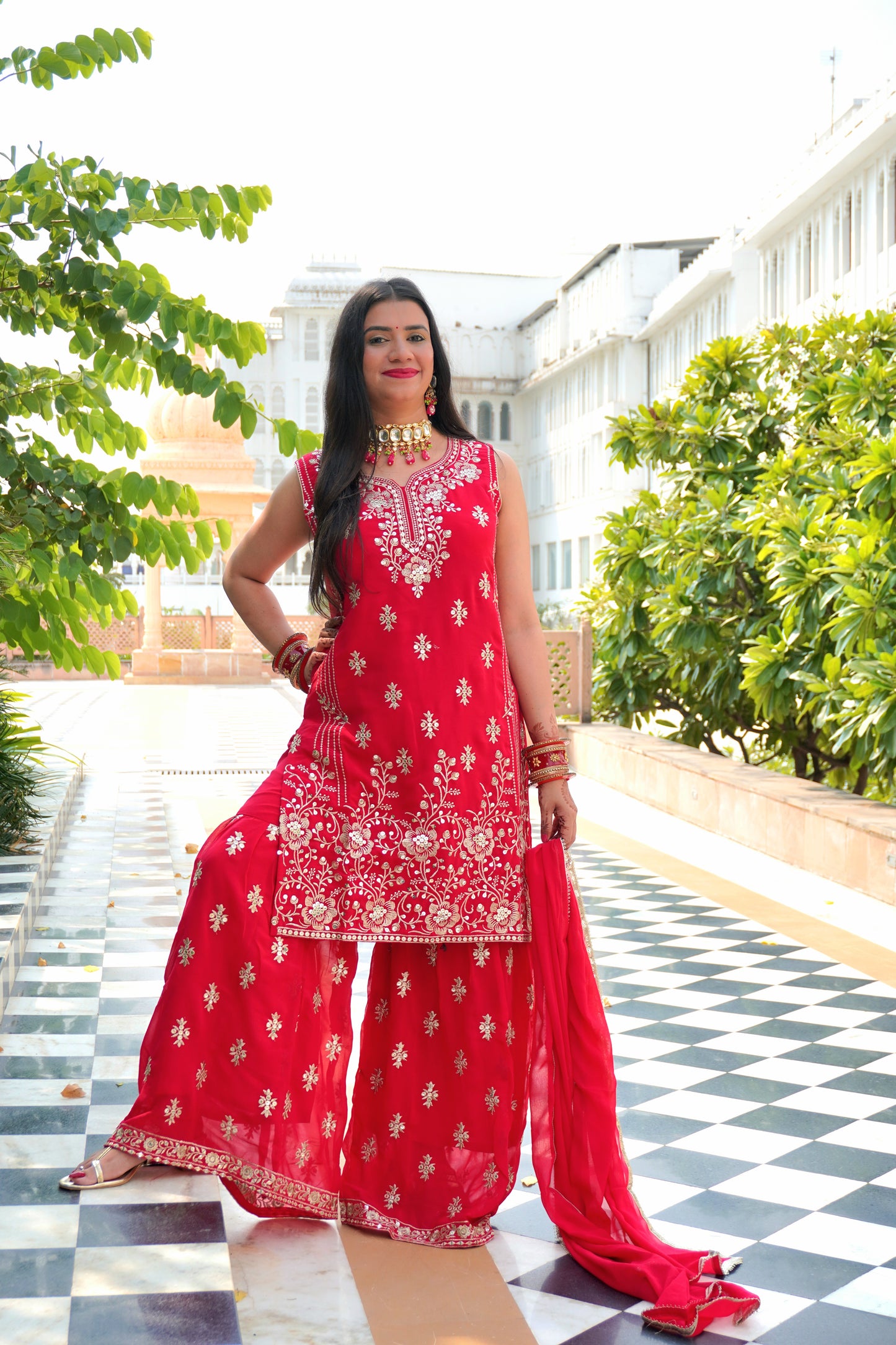 Red Colour Thread & Mirror Work Kurta & Sharara Set with Dupatta Free size (3 Inch Margin both side available for alteration)