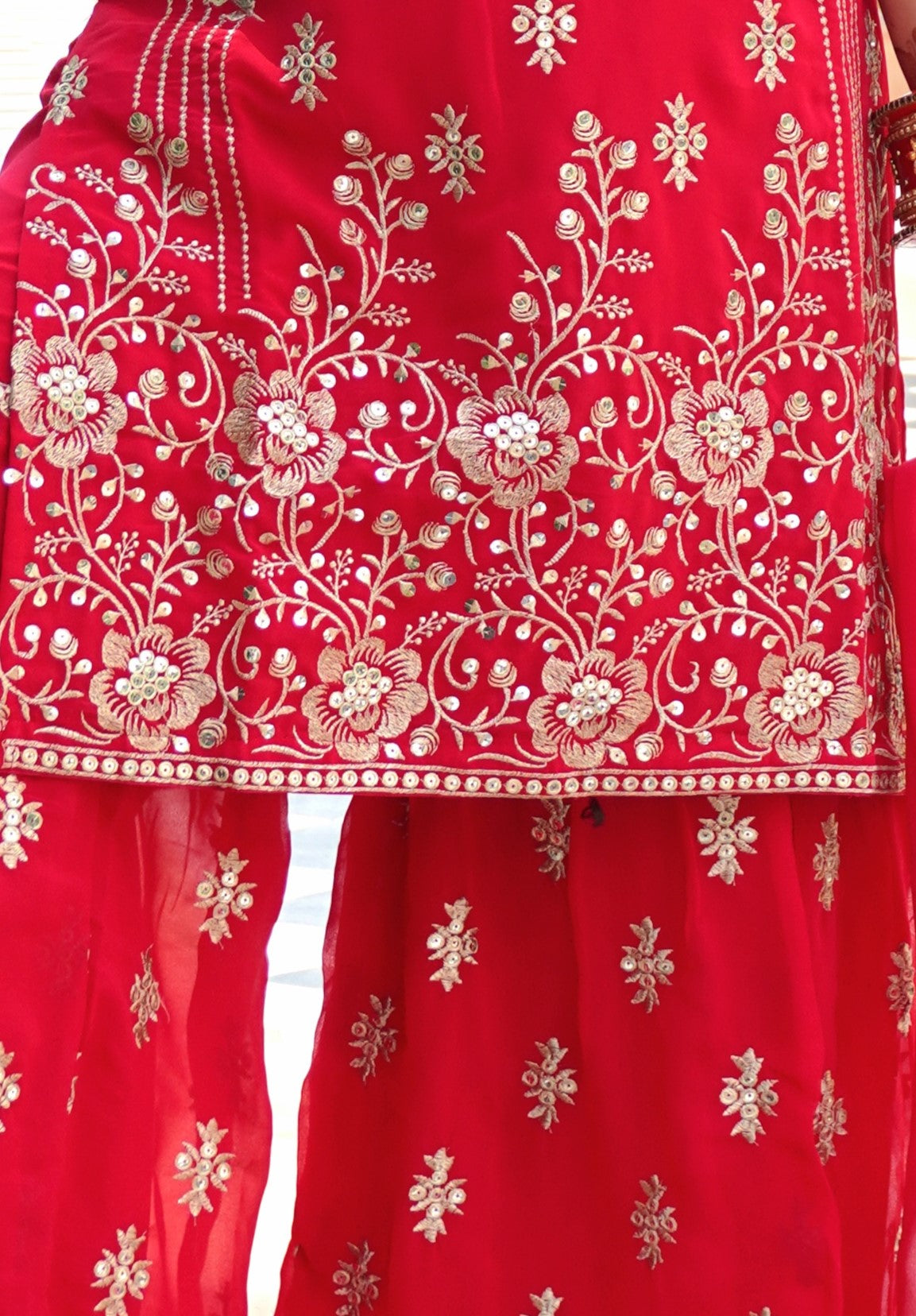 Red Colour Thread & Mirror Work Kurta & Sharara Set with Dupatta Free size (3 Inch Margin both side available for alteration)