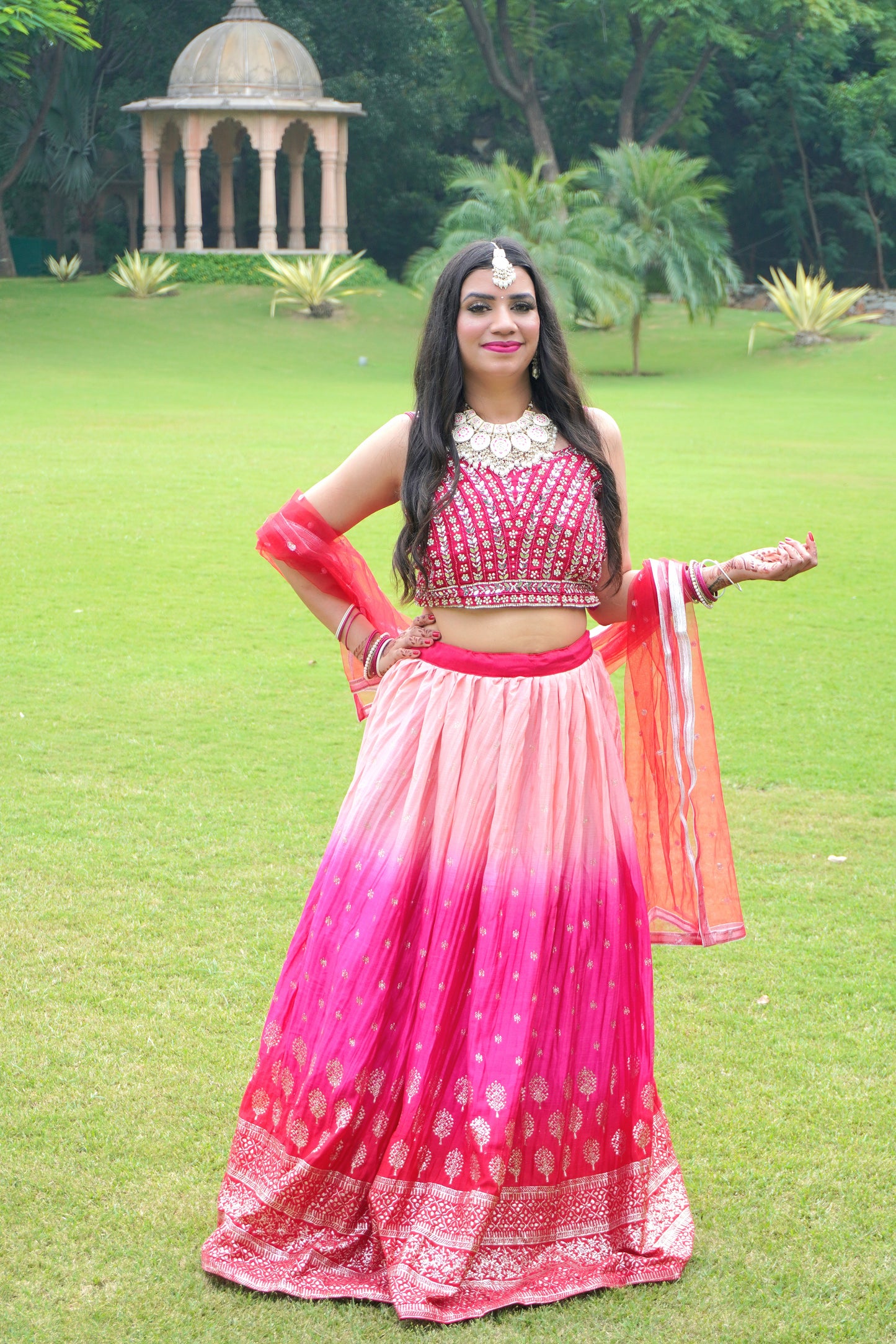 Pink Colour Golden Print Mirror Work Free size Ready to Wear Designer Lehenga (Dress have 4 inch of margin both side for alteration as per customer need)
