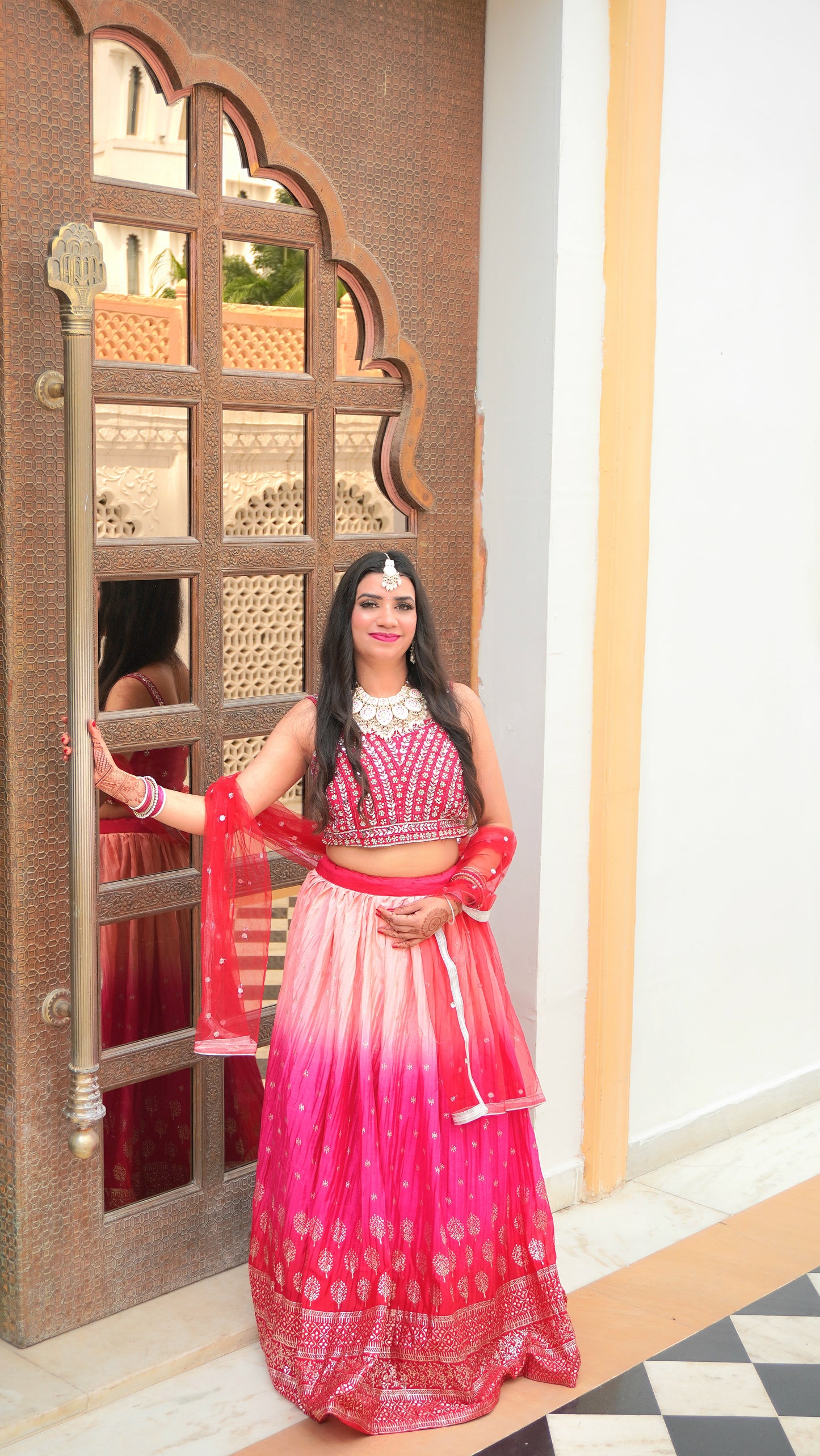 Pink Colour Golden Print Mirror Work Free size Ready to Wear Designer Lehenga (Dress have 4 inch of margin both side for alteration as per customer need)