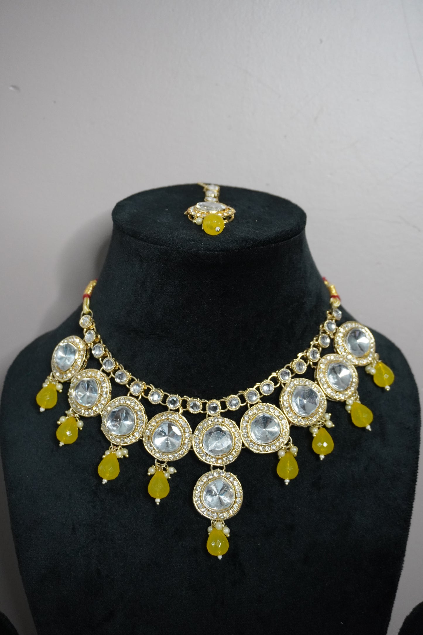 Yellow Colour Kundan Necklace with Earring & Maang Tikka
