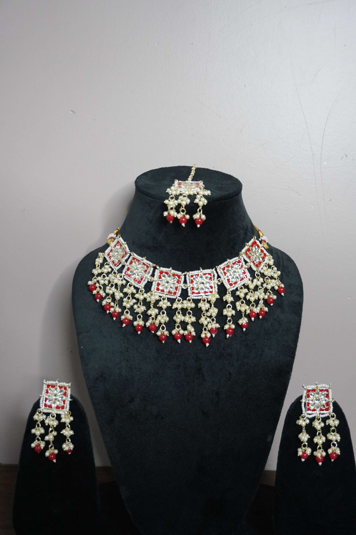 Red Colour Gold Plated Pearl Choker Necklace with Earring & Maang Tikka