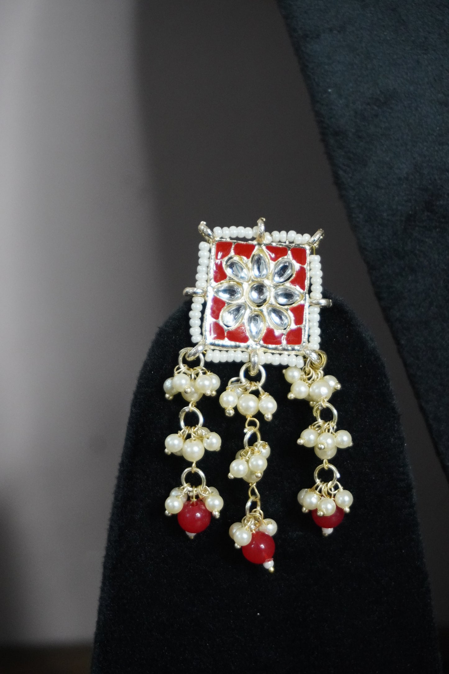 Red Colour Gold Plated Pearl Choker Necklace with Earring & Maang Tikka