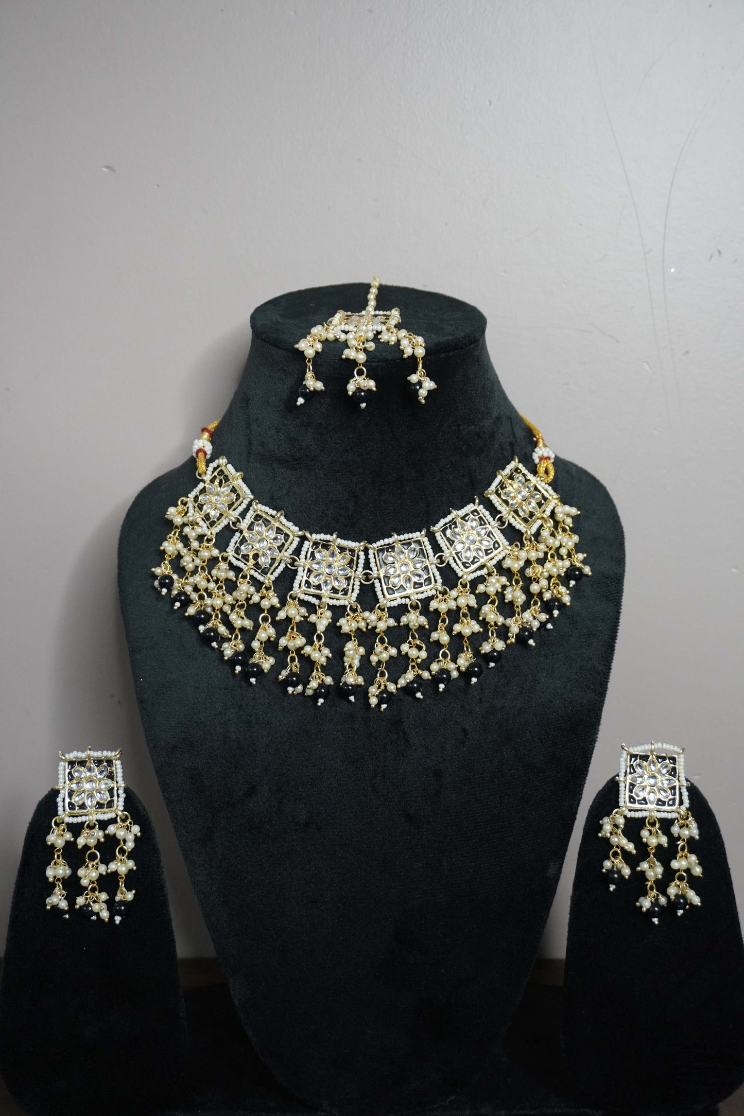 Black Colour Gold Plated Pearl Choker Necklace with Earring & Maang Tikka