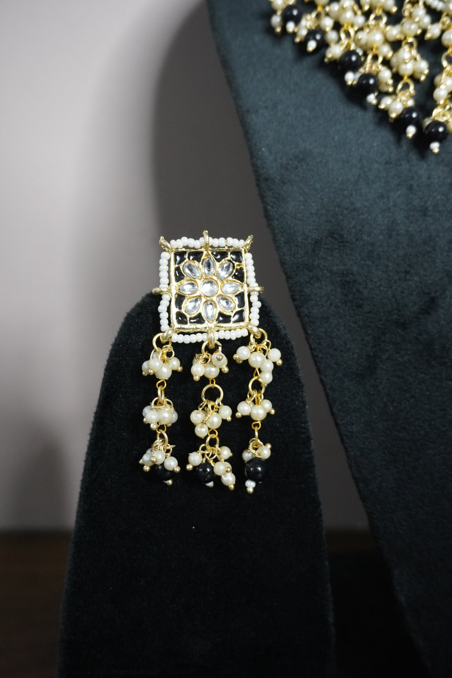 Black Colour Gold Plated Pearl Choker Necklace with Earring & Maang Tikka