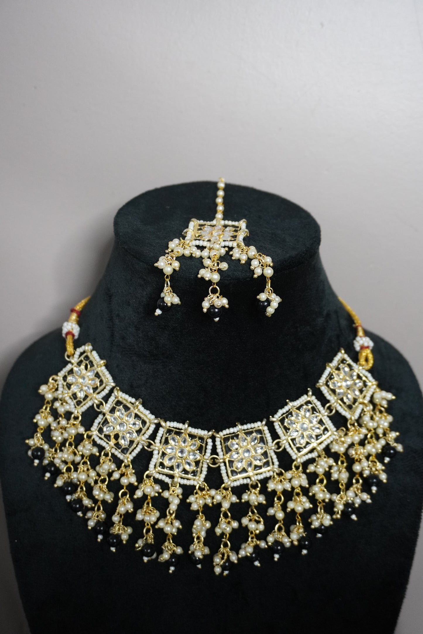 Black Colour Gold Plated Pearl Choker Necklace with Earring & Maang Tikka